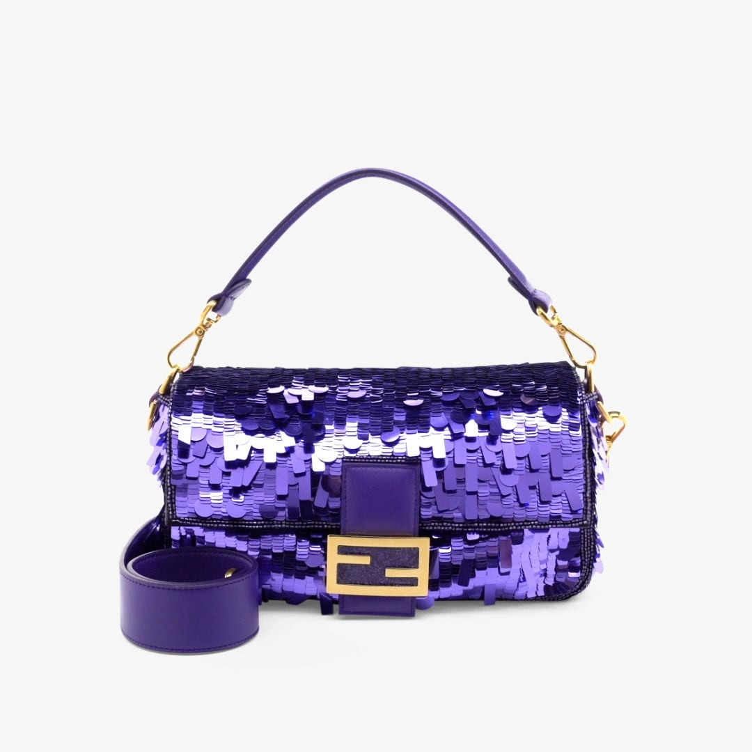 a purple sequinned Fendi Baguette