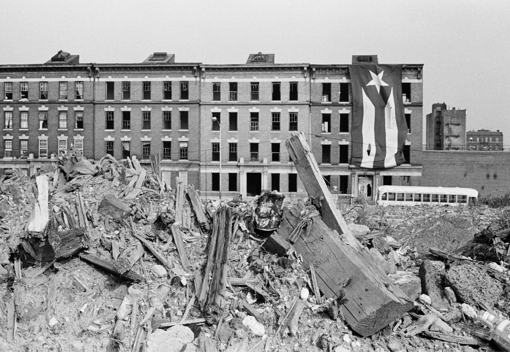 black-and-white photo of destroyed building in The Bronx