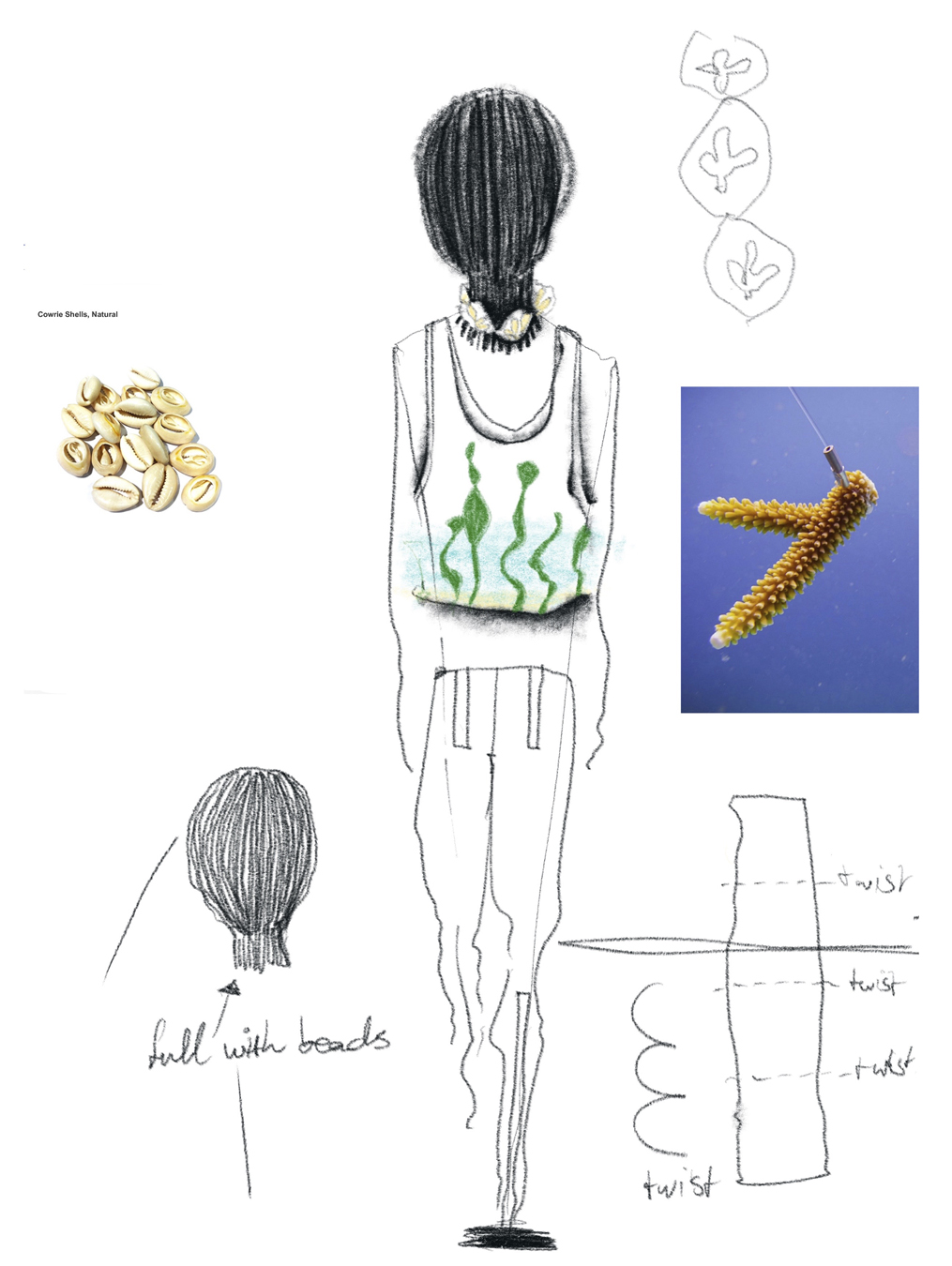 Sketches and photographs by Botter of their work in the ocean's coral reefs for the earthrise section of I-D The Ultra Issue no.369, Fall 2022