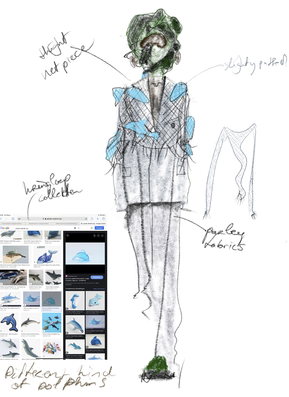 Sketches and photographs by Botter of their work in the ocean's coral reefs for the earthrise section of I-D The Ultra Issue no.369, Fall 2022