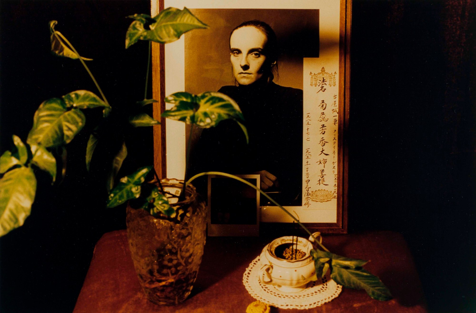 a shrine to the photographer's late wife, a framed photo of her on a small wooden table next to a green plant