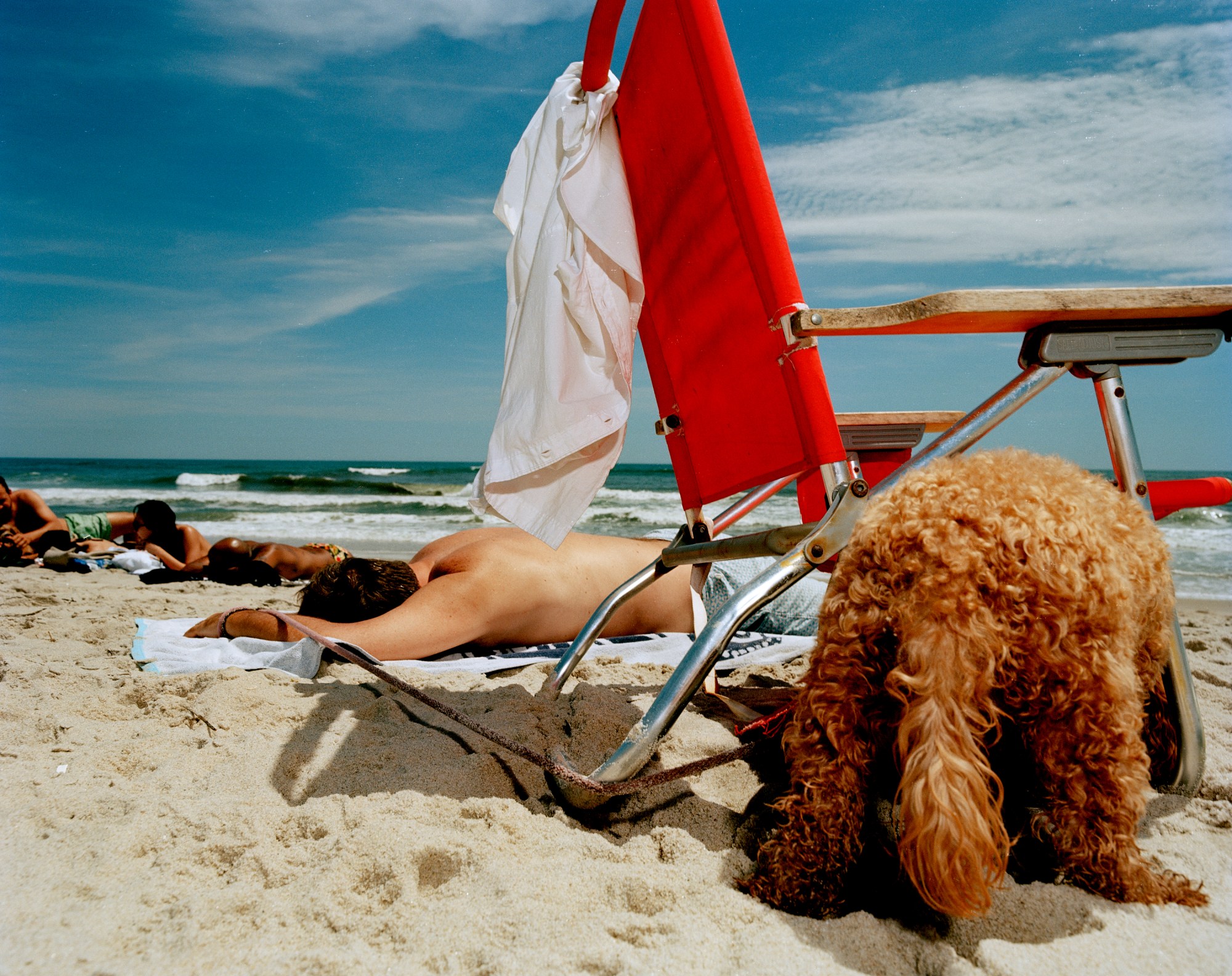 a dog buries its head in the sand in front of a red chair as its owner sunbathes in the background on a gay beach