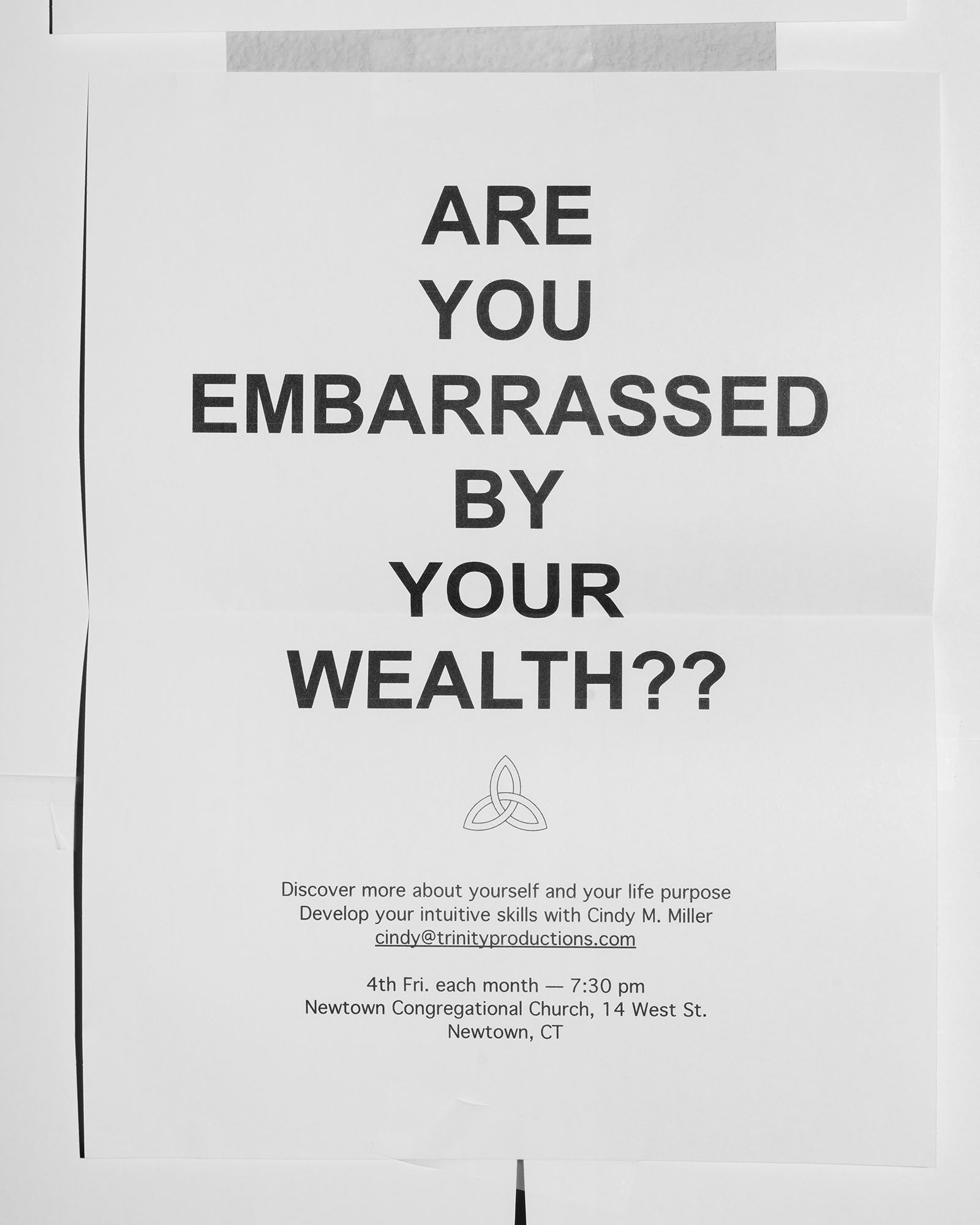 a leaflet that reads are you embarrassed by your wealth?