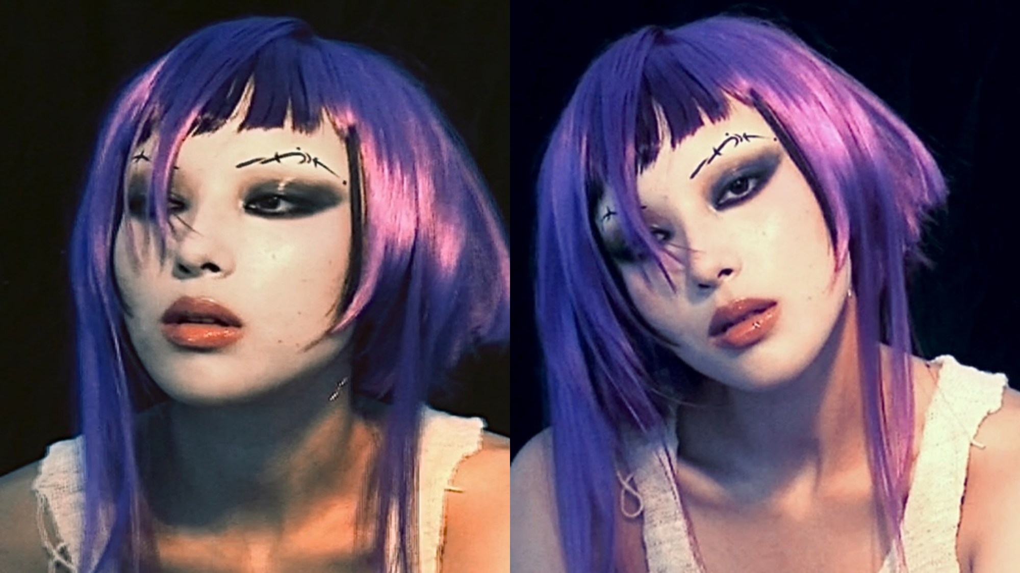 two images of meguru in a choppy purple wig with drawn-on tattoo-like eyebrows and white foundation