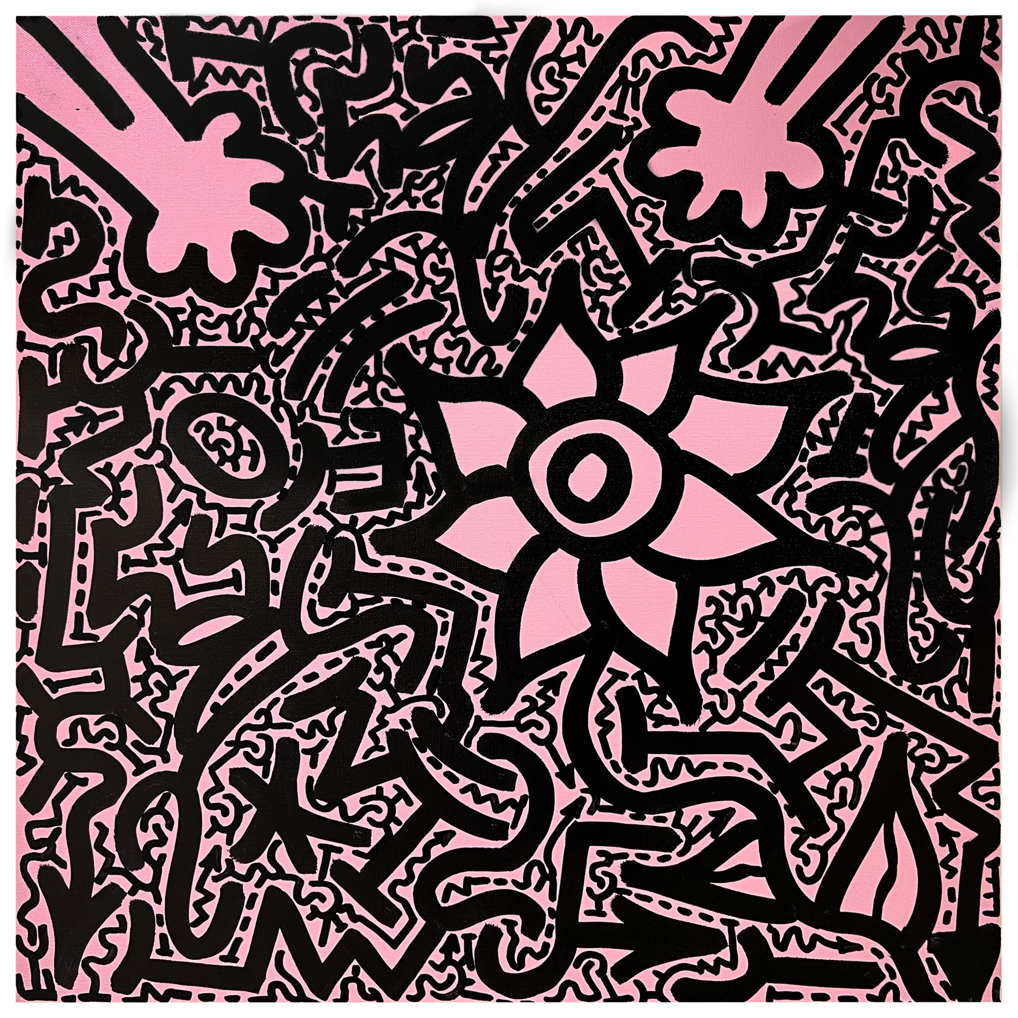 Angel Ortiz, Flower Power, 2022 - a light pink piece of art with heavy black accents and lines