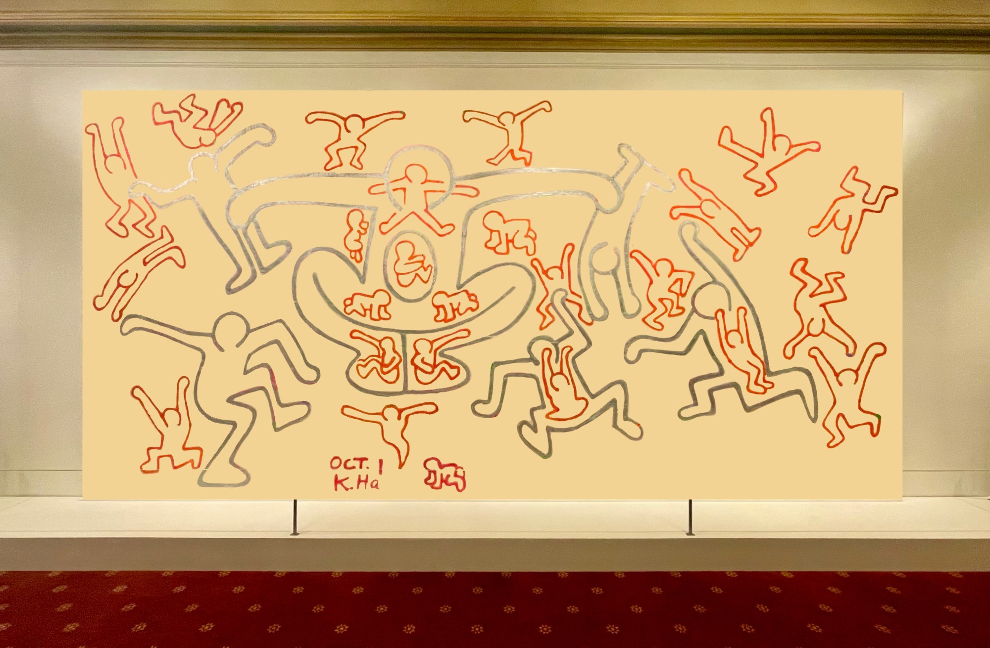 Fiorucci Wall by Keith Haring and Angel Ortiz, seen in a gallery with white wall and red carpet