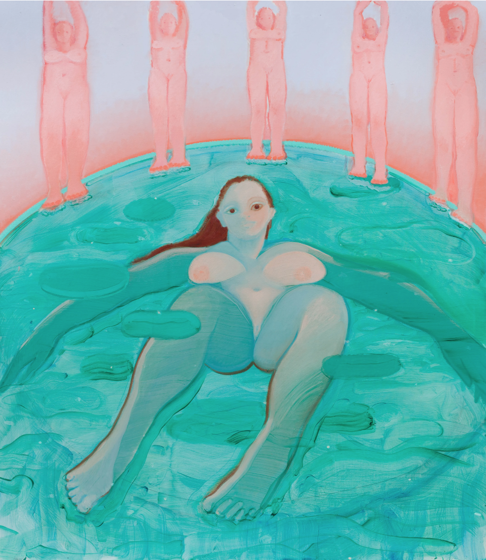 A female figure floating in turquoise water surrounded by five women behind her.