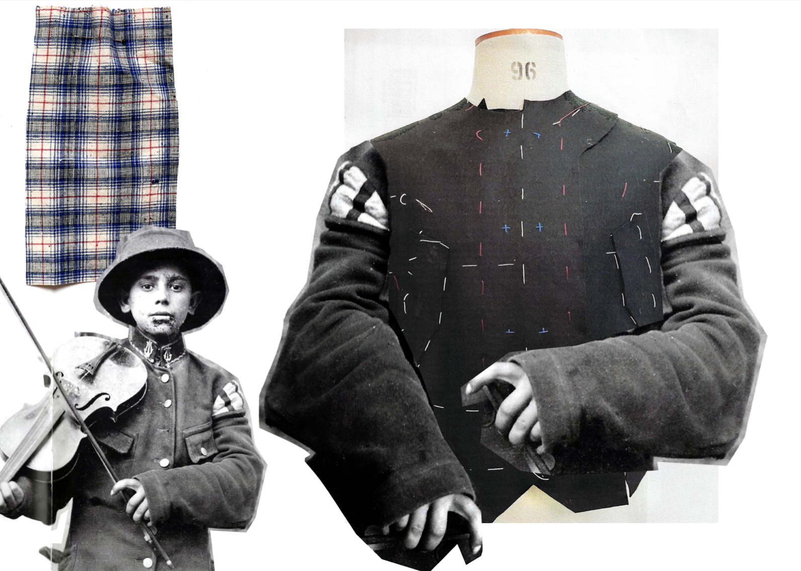 A collage of a boy playing the violin, a piece of plaid cloth, and a toiled wool garment.