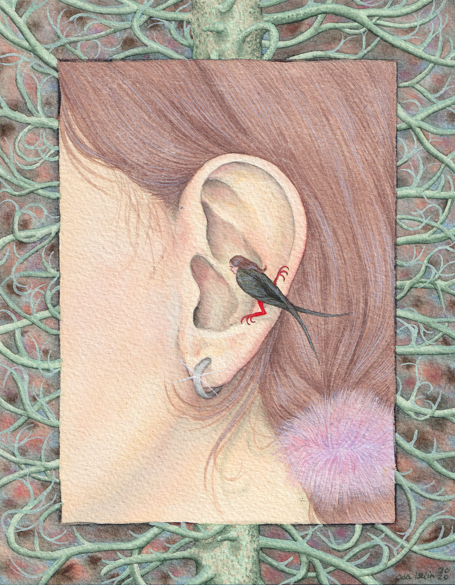 a painting of a bird wiht a human head perched on an ear by Oda Iselin Sønderland