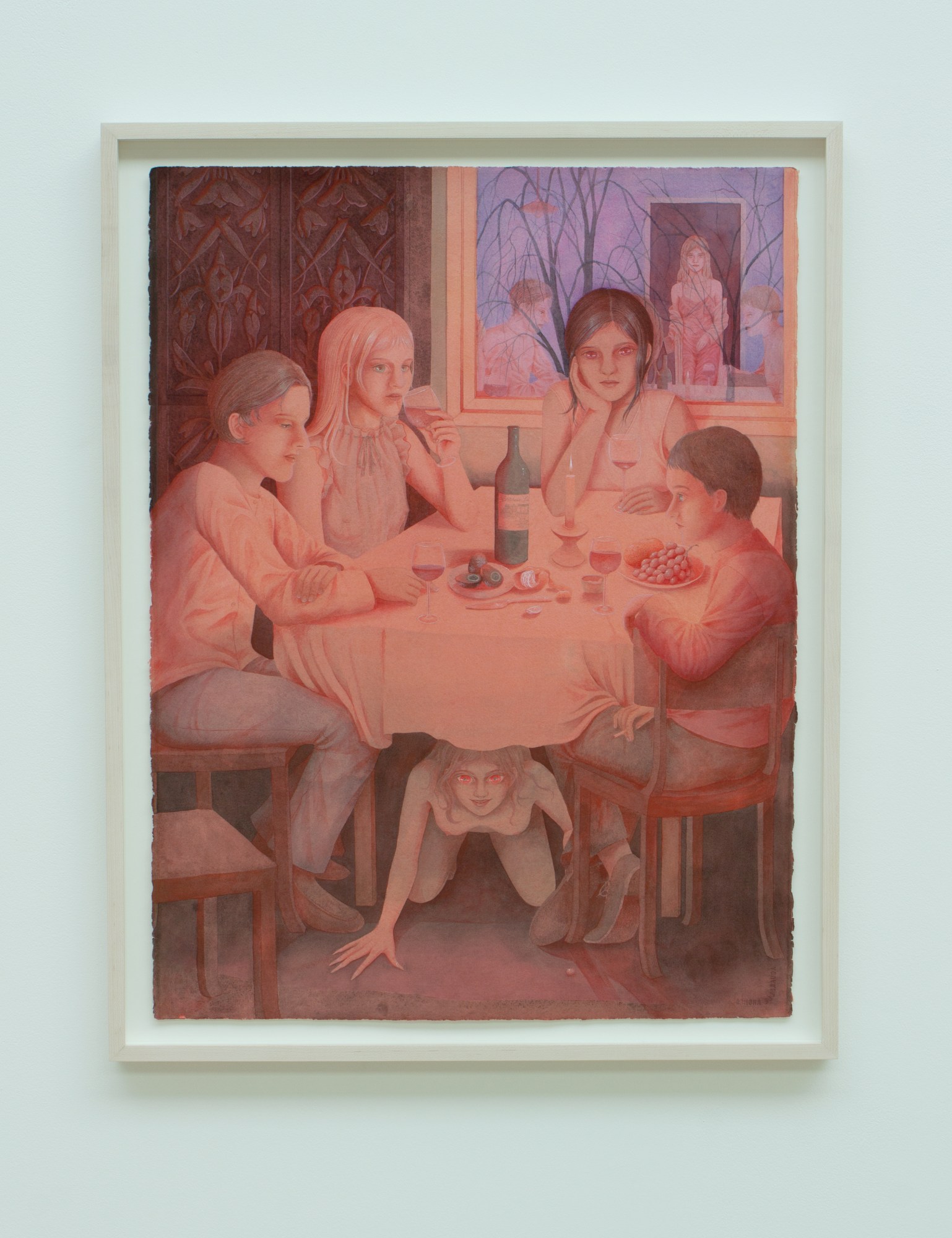 a painting of a girl with red eyes hiding under a dining table