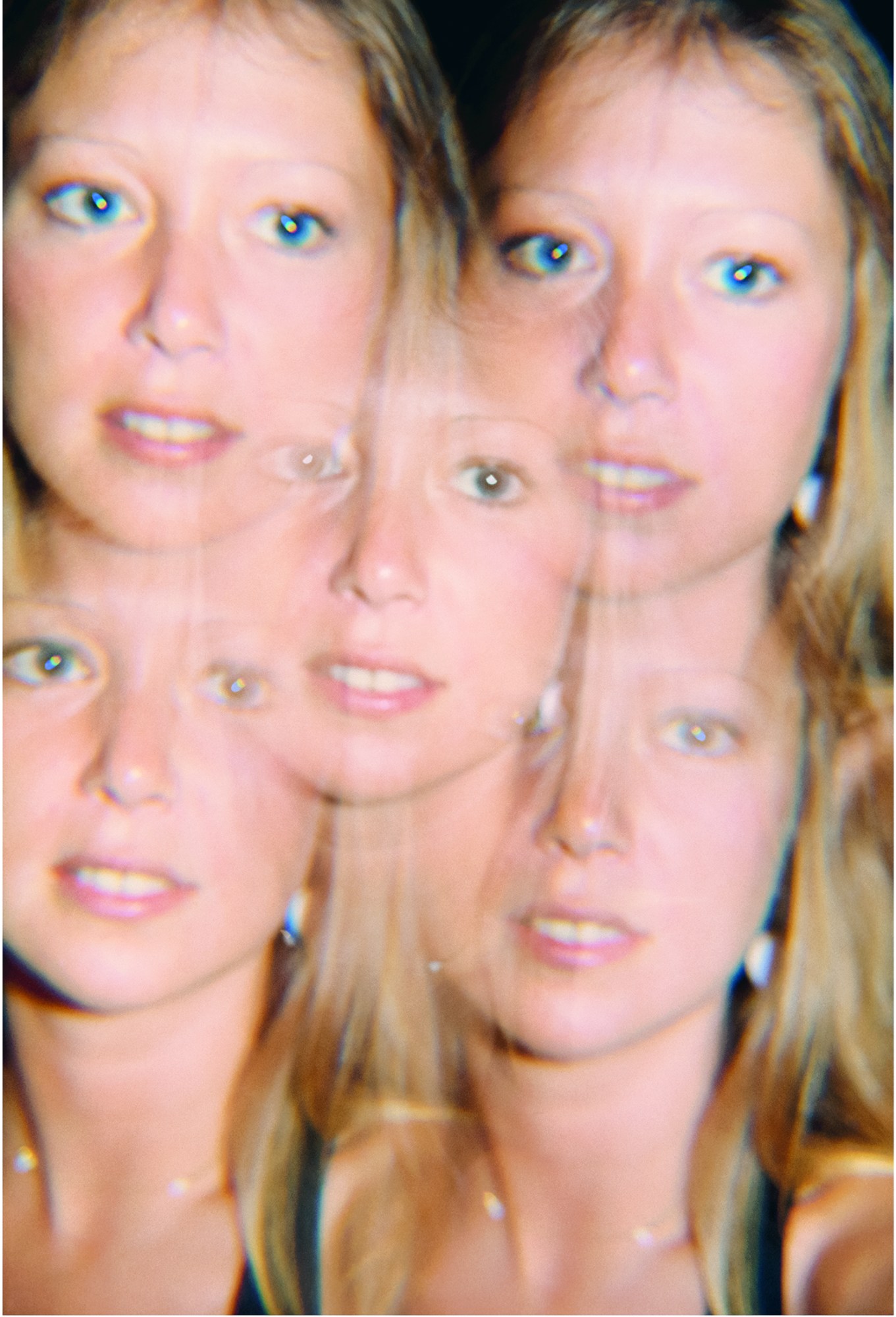 overlaid image of a woman's face, pattie boyd, with blonde hair and blue eyes