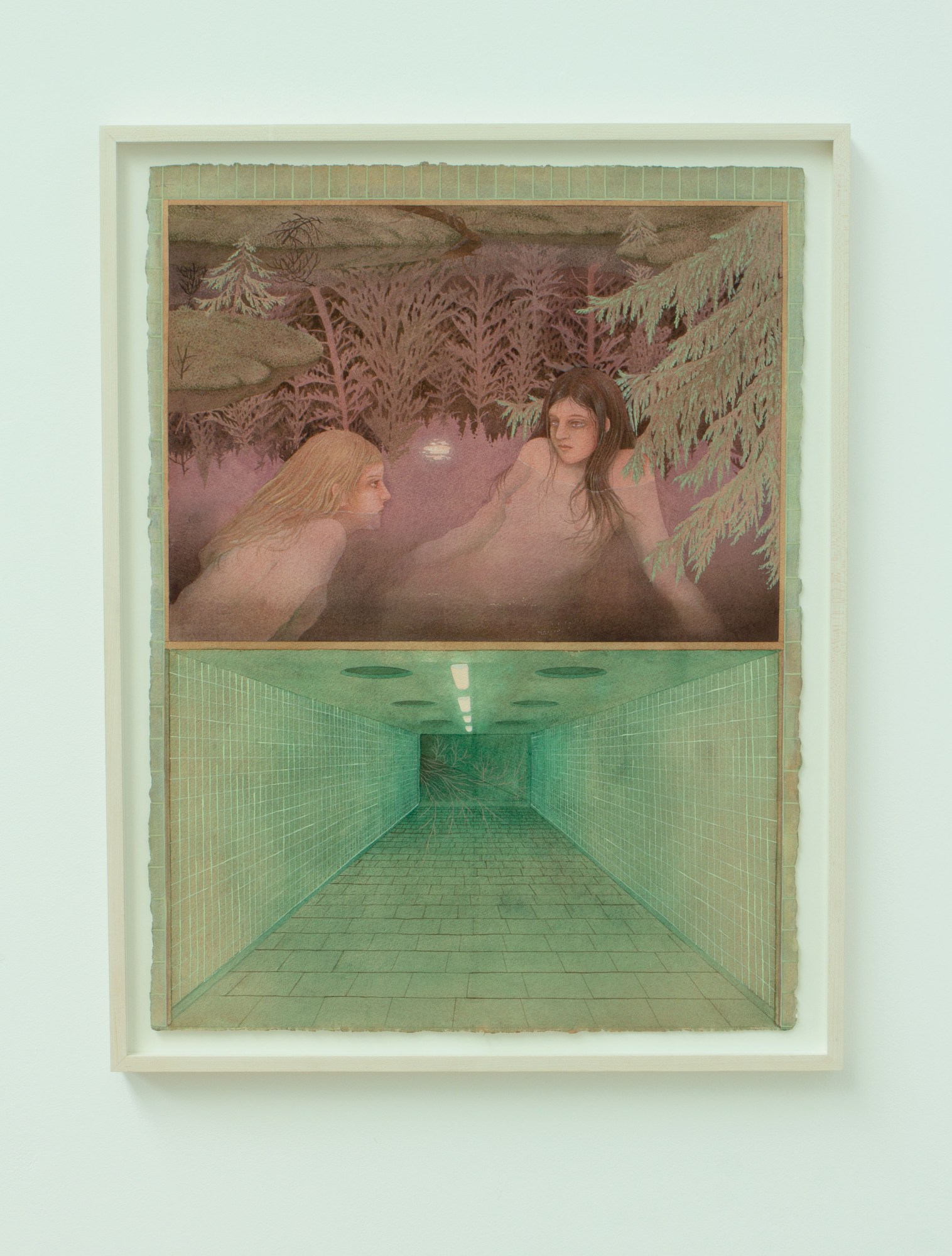 a surreal painting of two girls at a lake and a long brick tunnel by Oda Iselin Sønderland