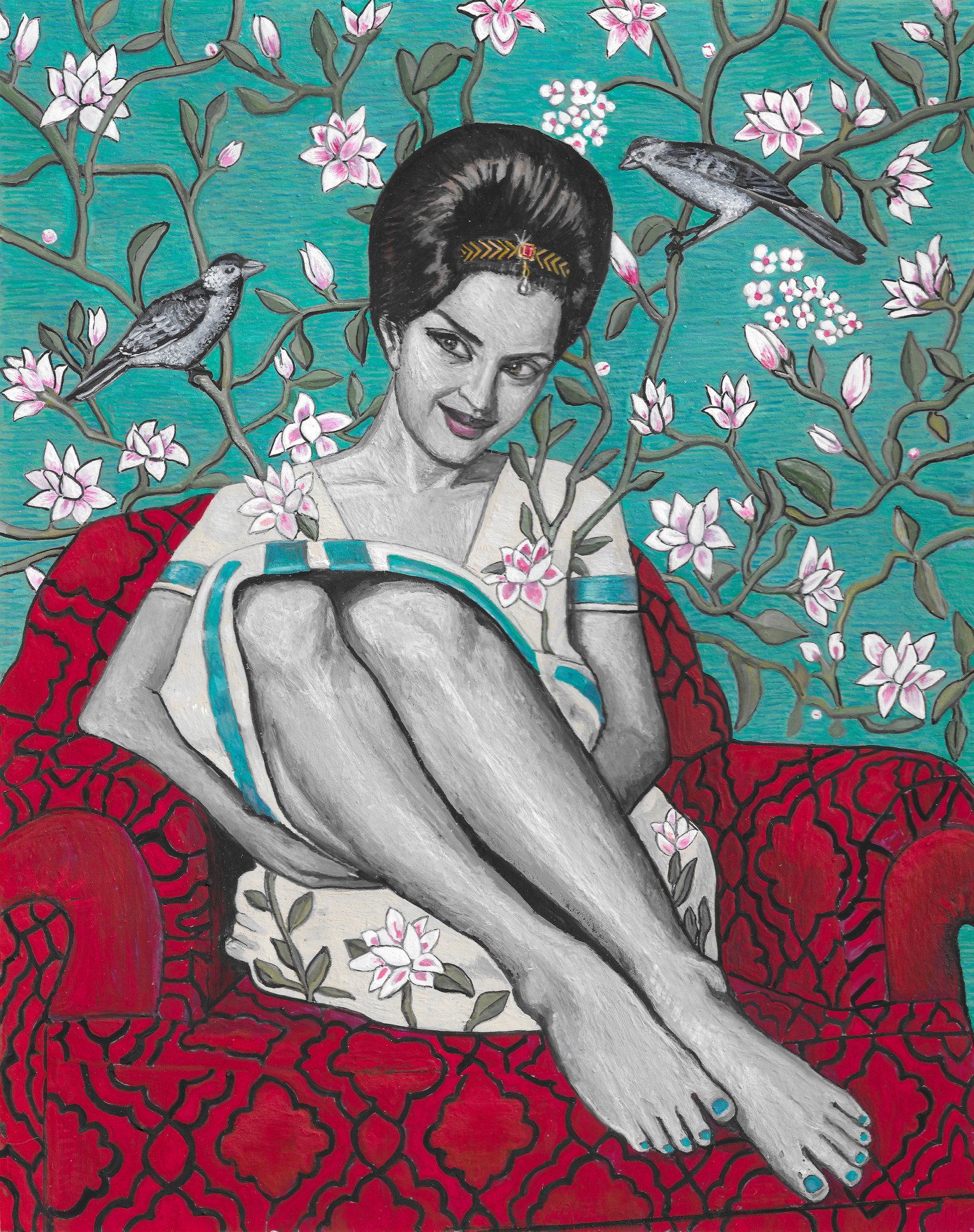 a painting of Pouran Shapoori on a red printed chair by soheila sokhanvari