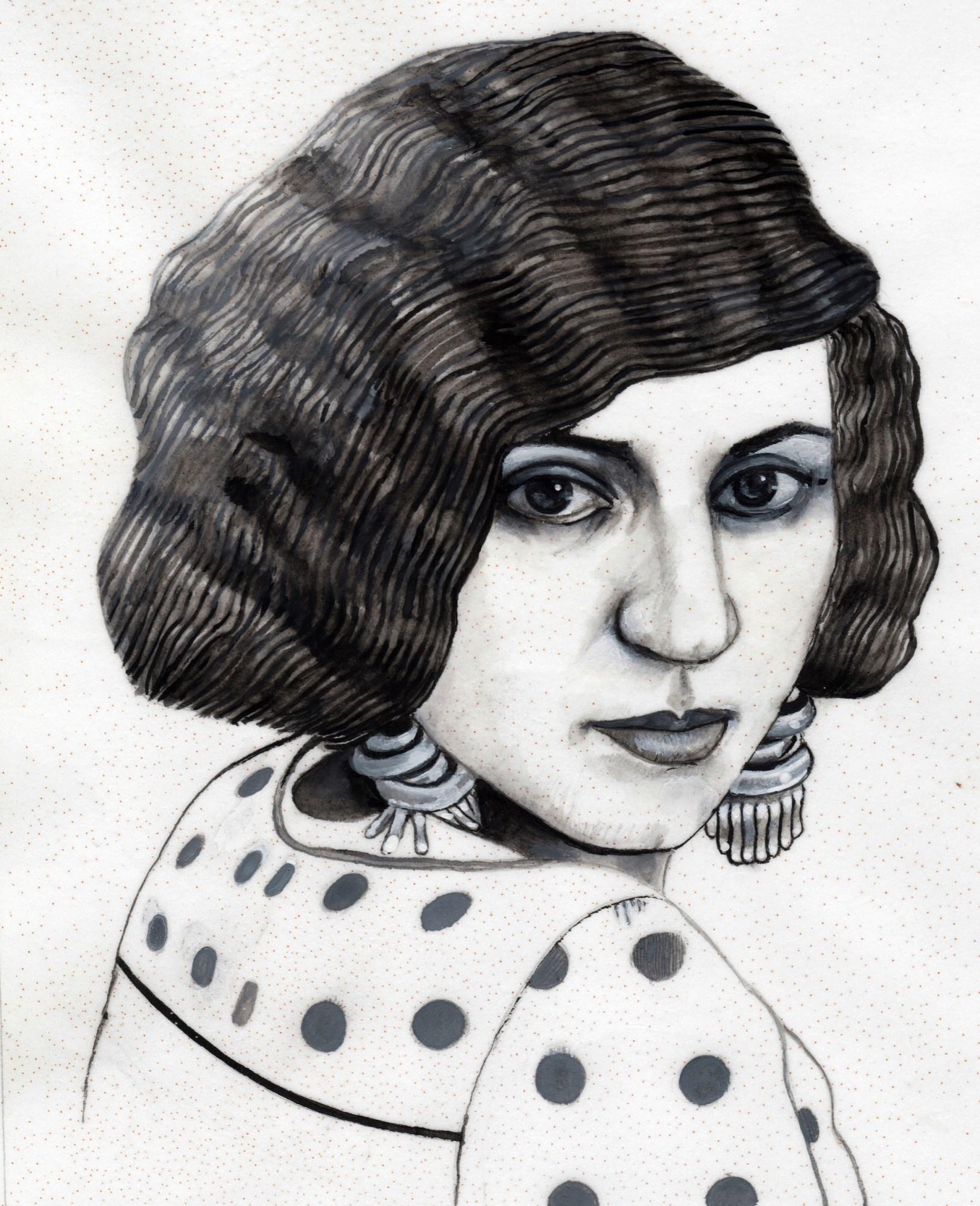 a portrait of Roohangiz Saminejad looking over her shoulder in polka dots by soheila sokhanvari