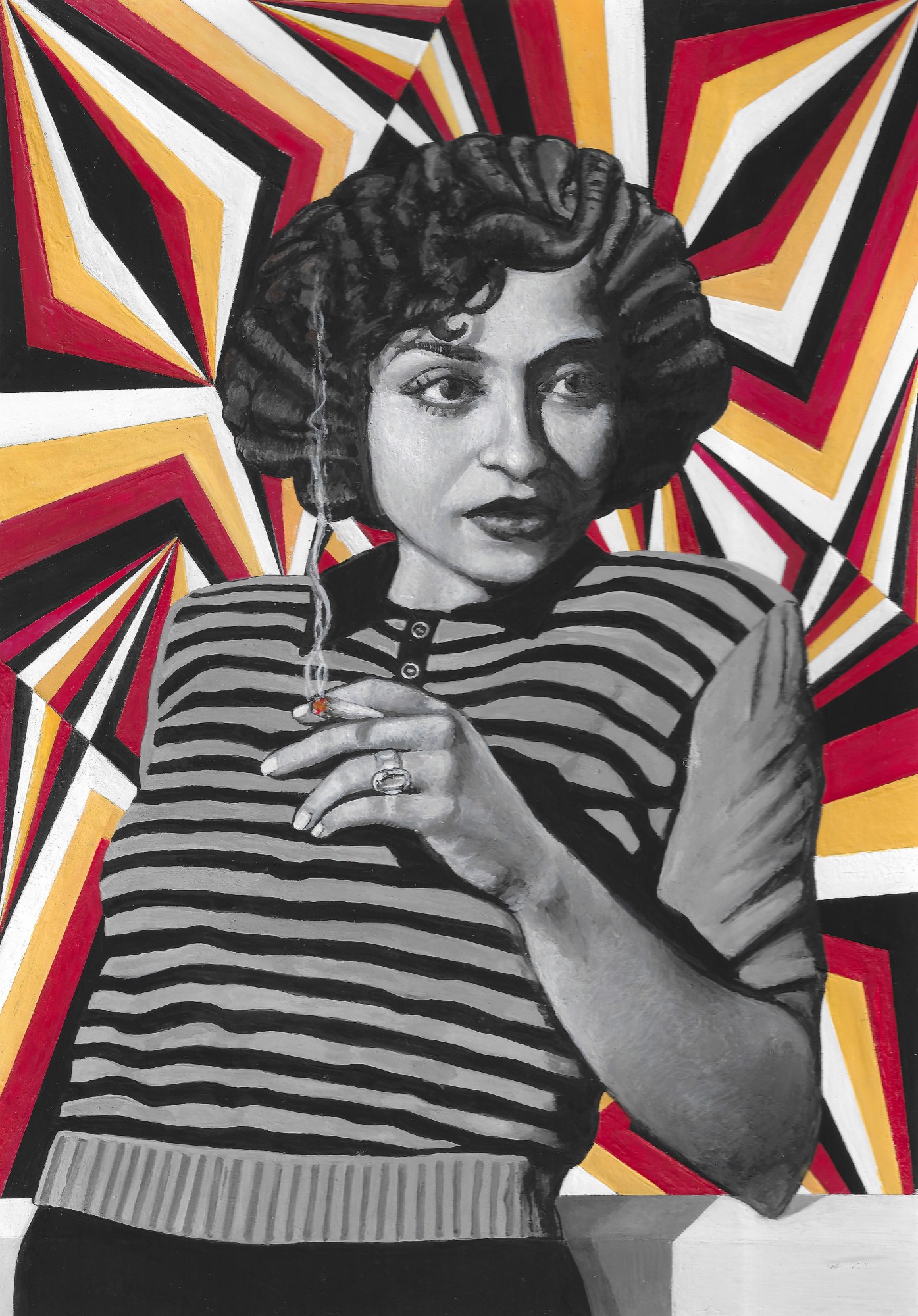 portrait of zinat moadat smoking a cigarette in a striped top by soheila sokhanvari