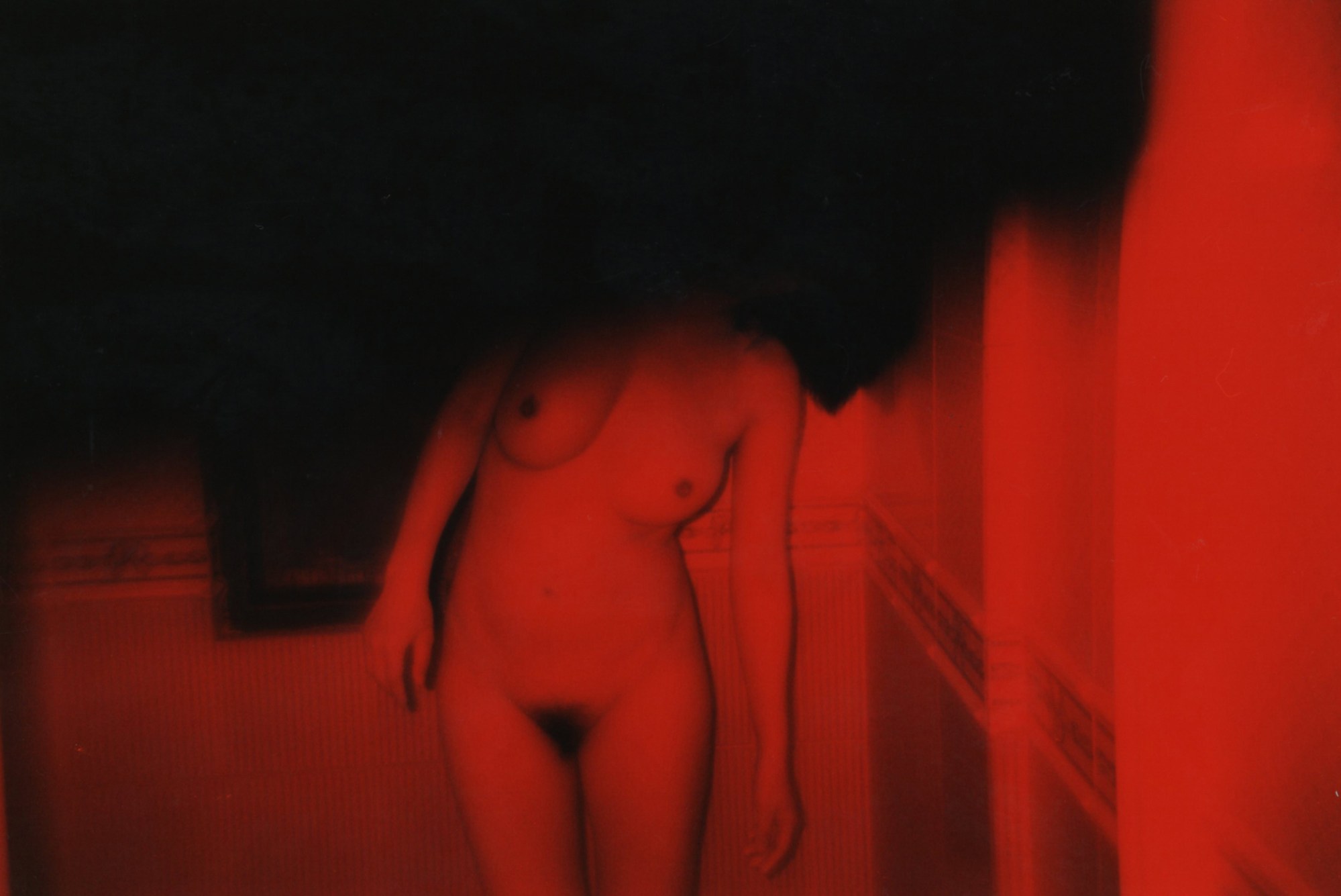 A nude woman obscured by a film processing error that resembles a black cloud