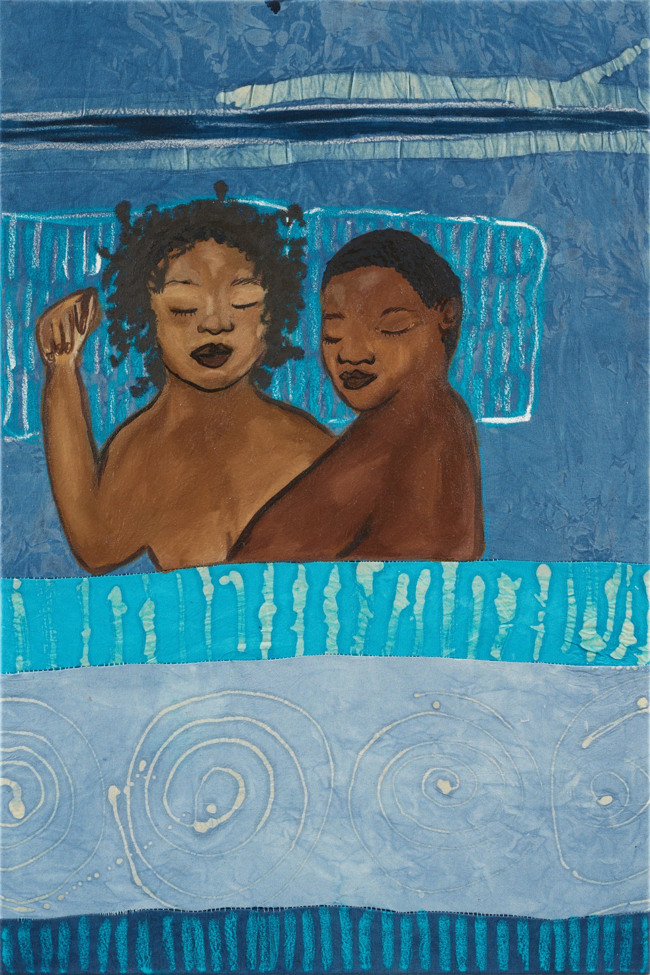 a painting of two people cuddling under blue covers