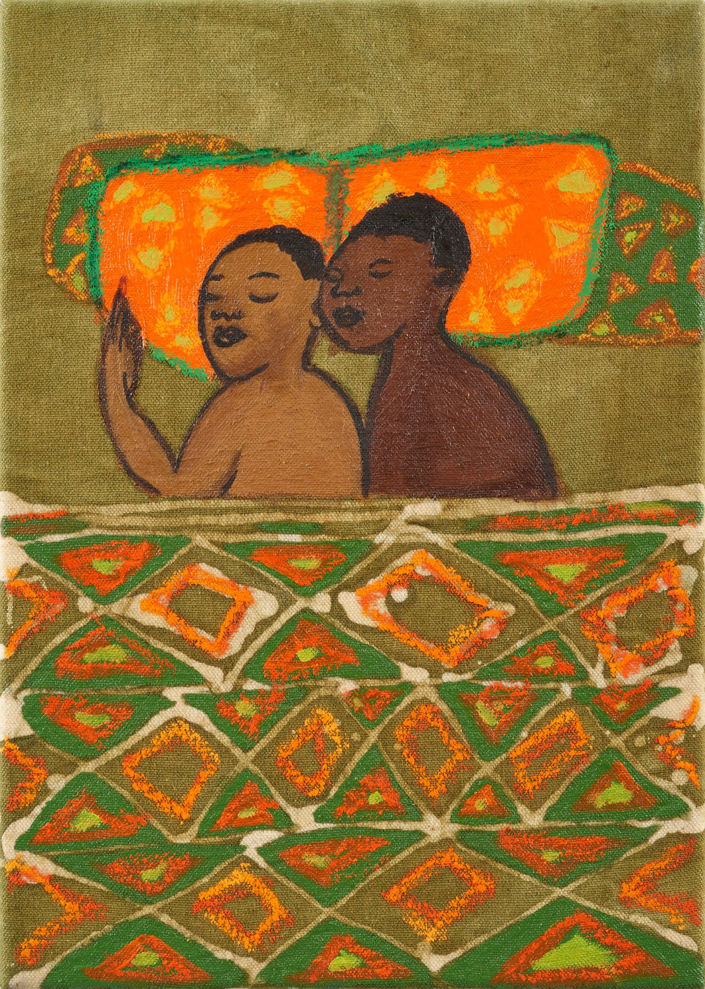 a painting of a couple spooning under a patterned cover