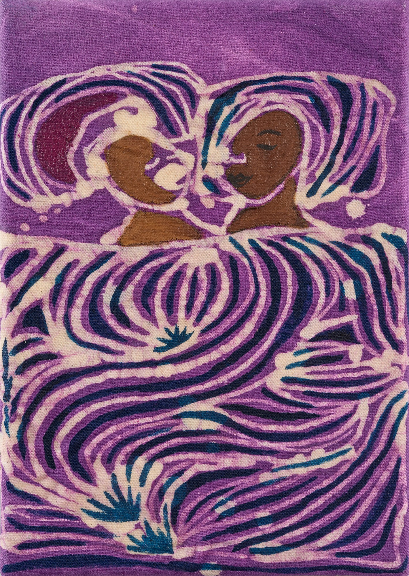 a couple under a purple pattern cover