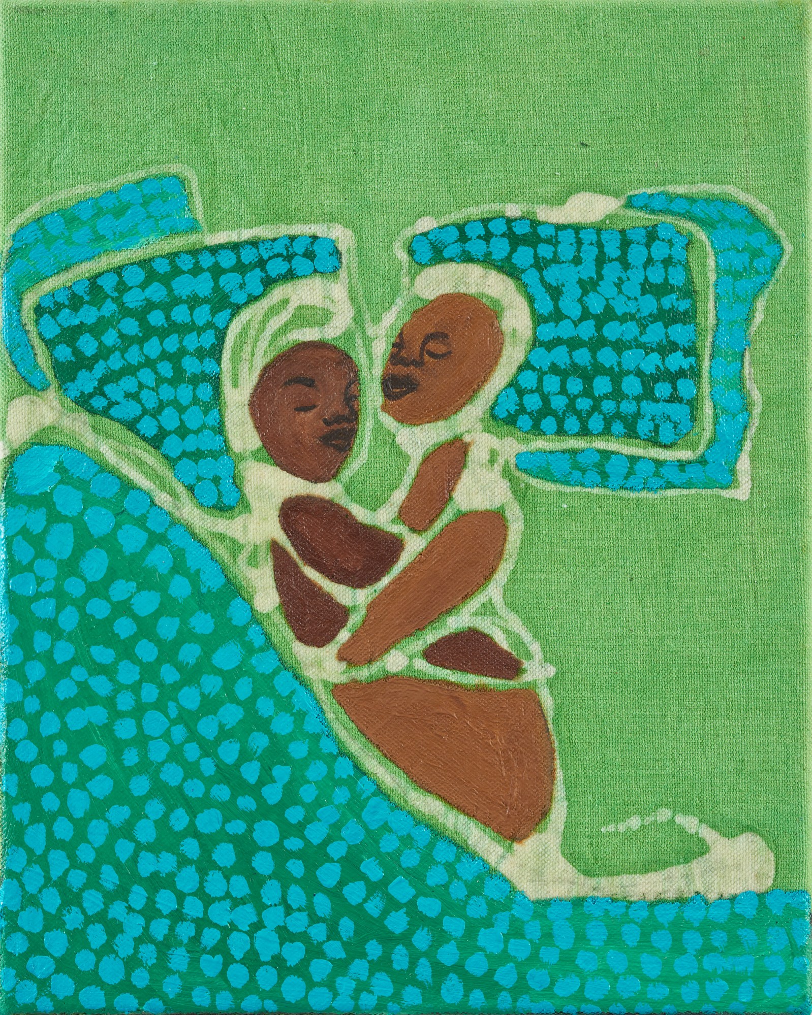 a painting of a couple embracing under a pointelle cover