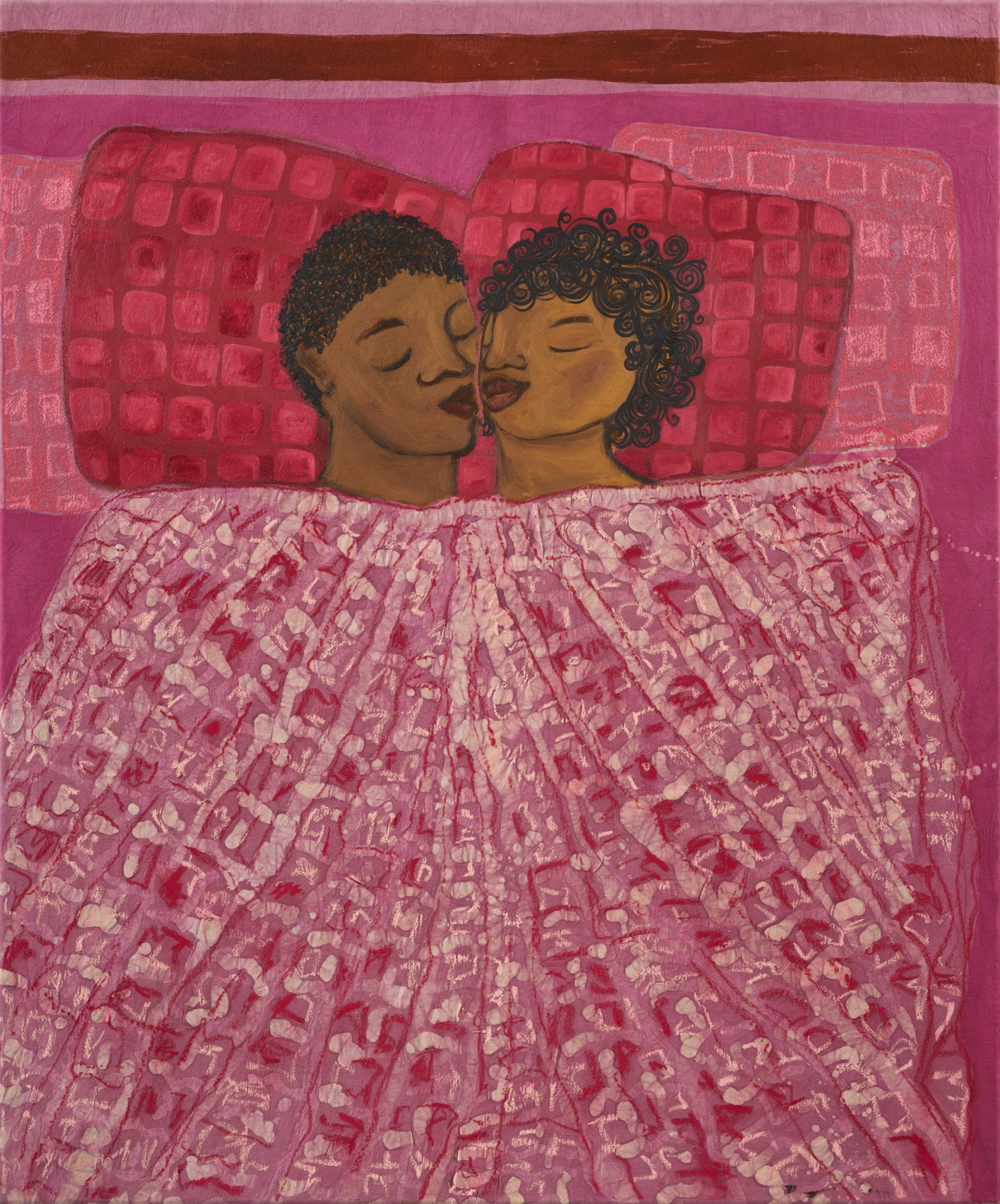 a painting of two lovers kissing under a pink blanket