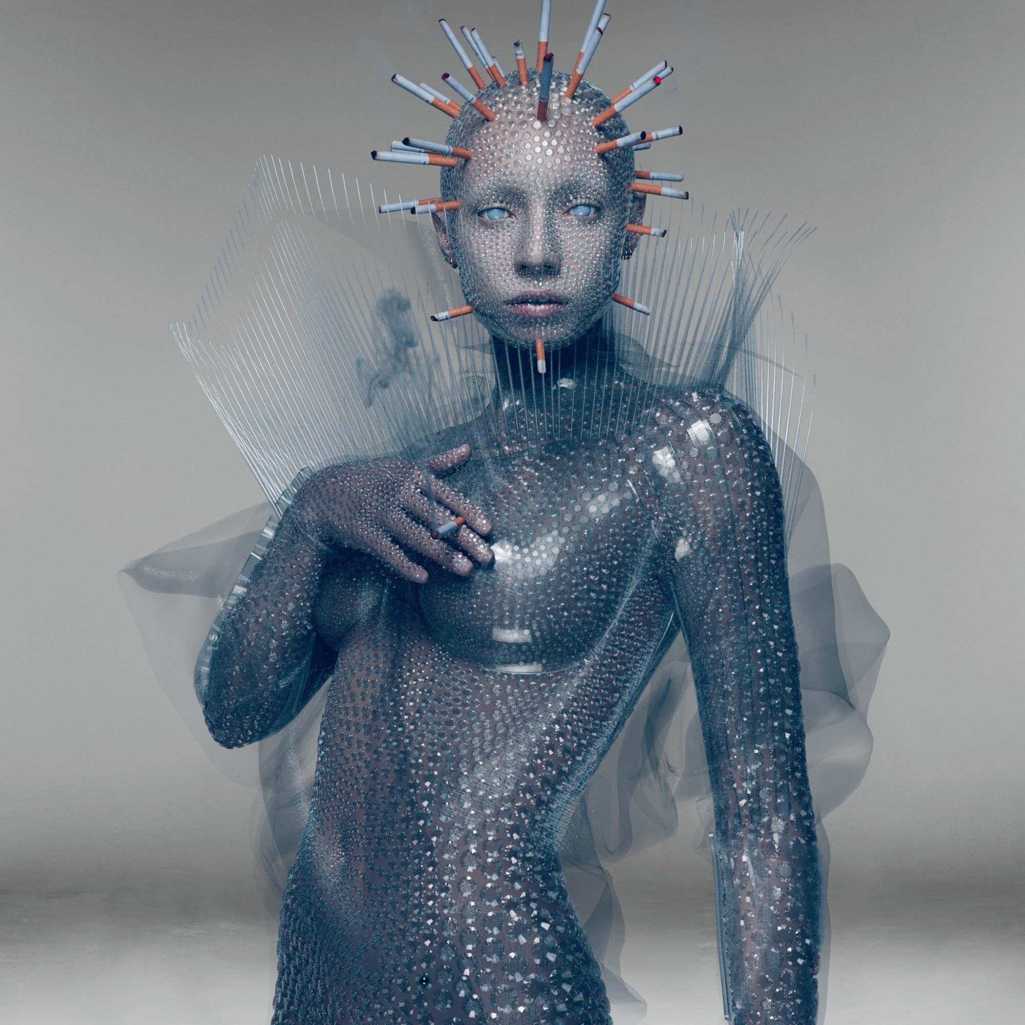 A digital render of model Jazzelle Zanaughtti wearing a shimmering digital body suit and cigarette face mask