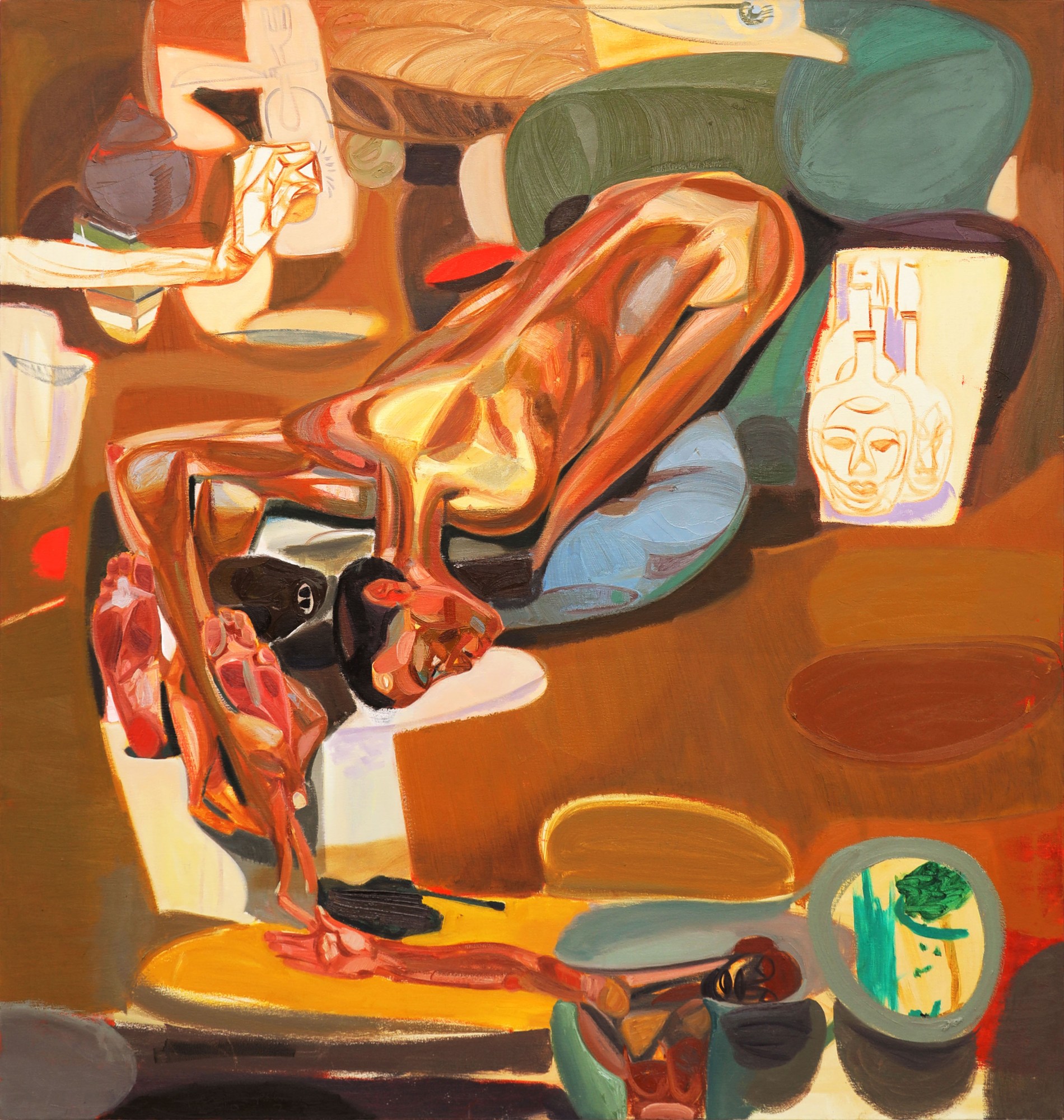 oil painting of folded, abstract naked bodies in browns reds and greens by tesfaye urgessa