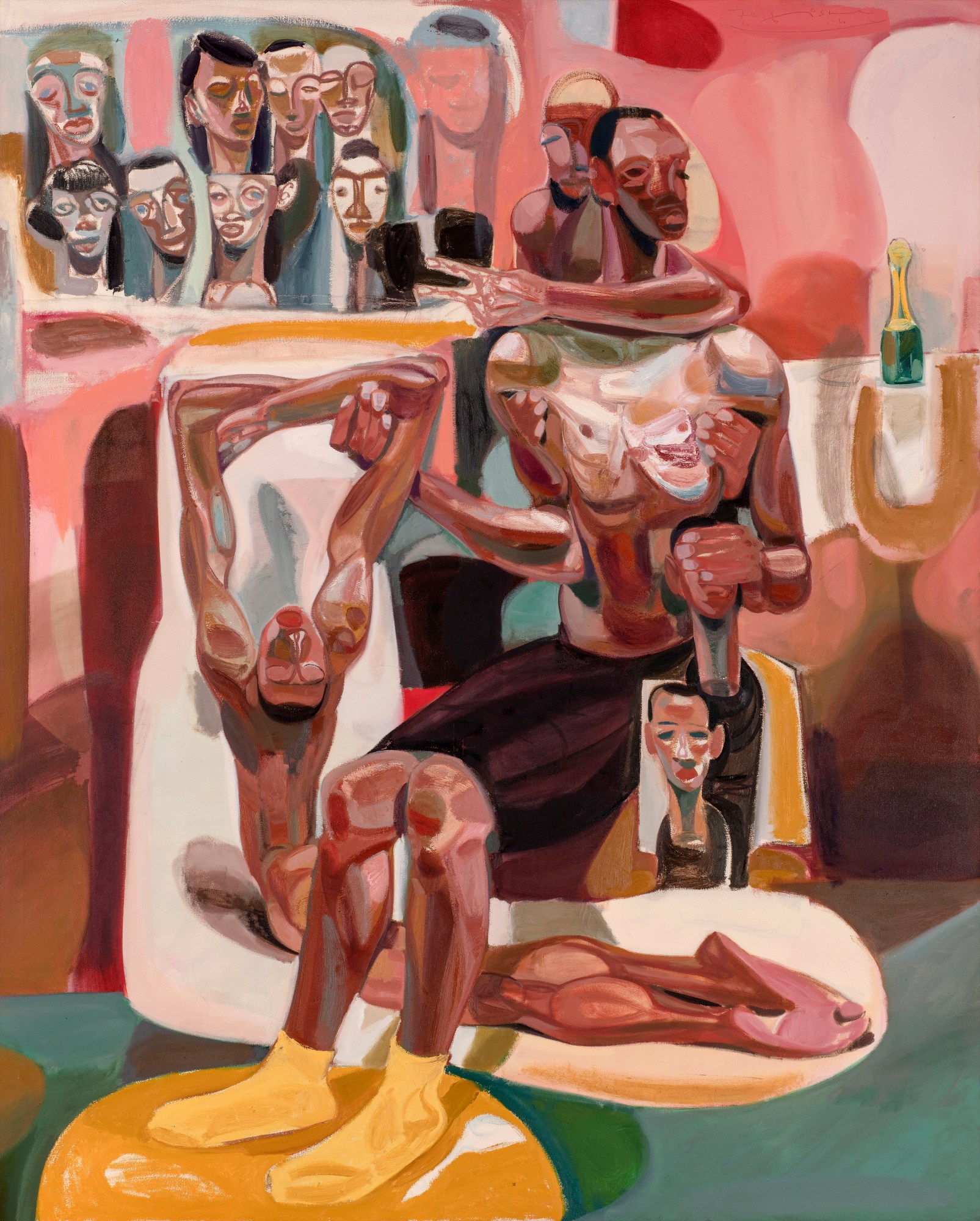 oil painting of naked bodies with faces painted in the background of the image by tesfaye urgessa