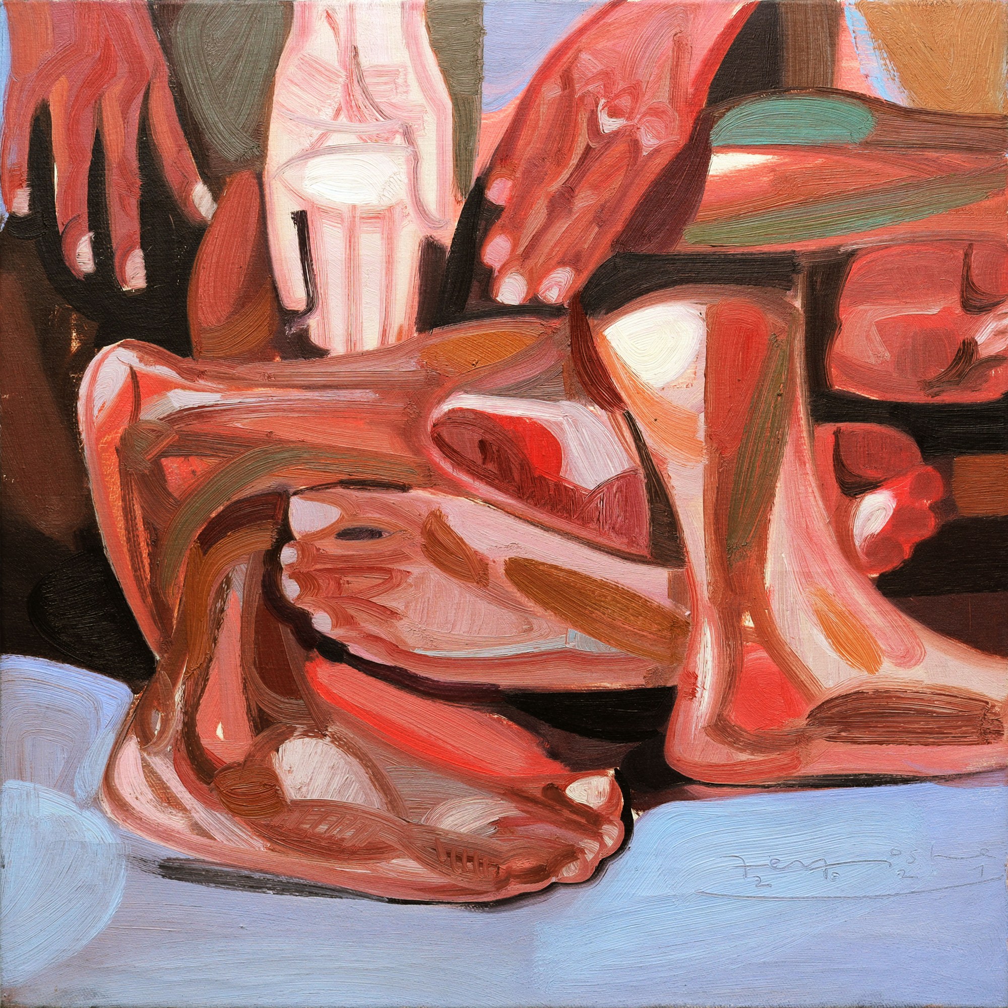 oil painting by Tesfaye Urgessa depicting a folded body with hands and feet in pinks reds and browns