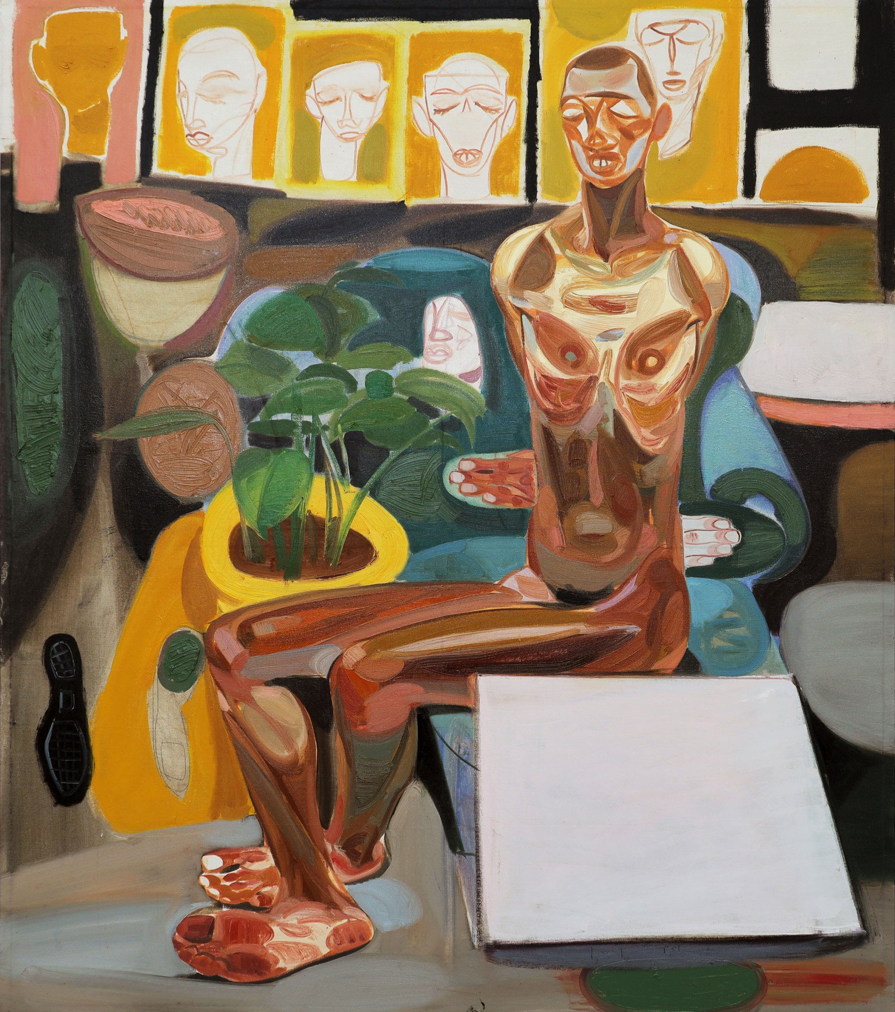 oil painting by Tesfaye Urgessa showing a naked man sitting on a blue sofa next to a green plant in a yellow pot