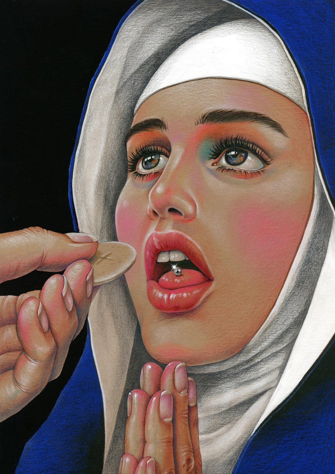 Joyce Lee painting of a nun receiving communion with a tongue piercing