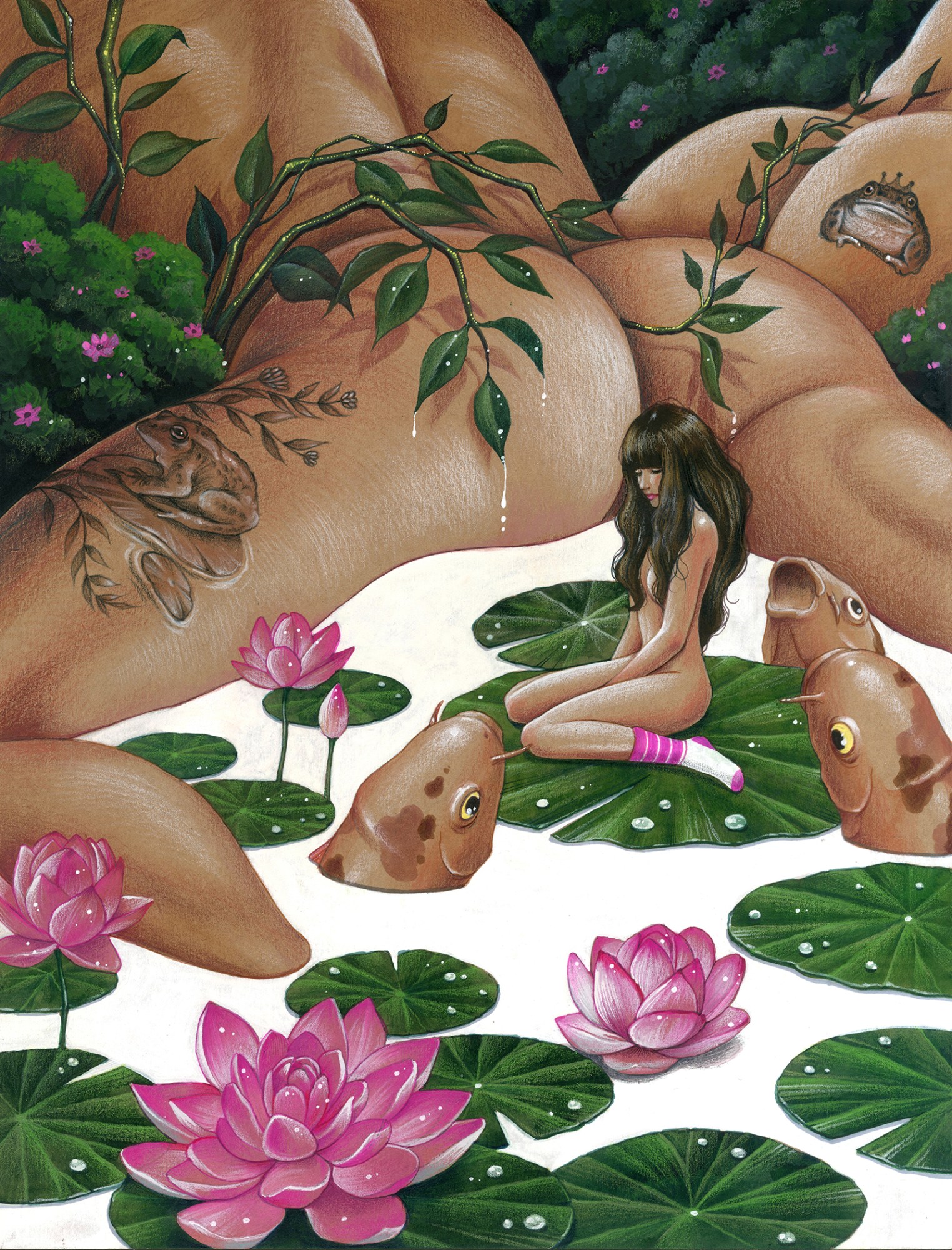 Joyce Lee surrealist painting of water lilies interposed with naked figures