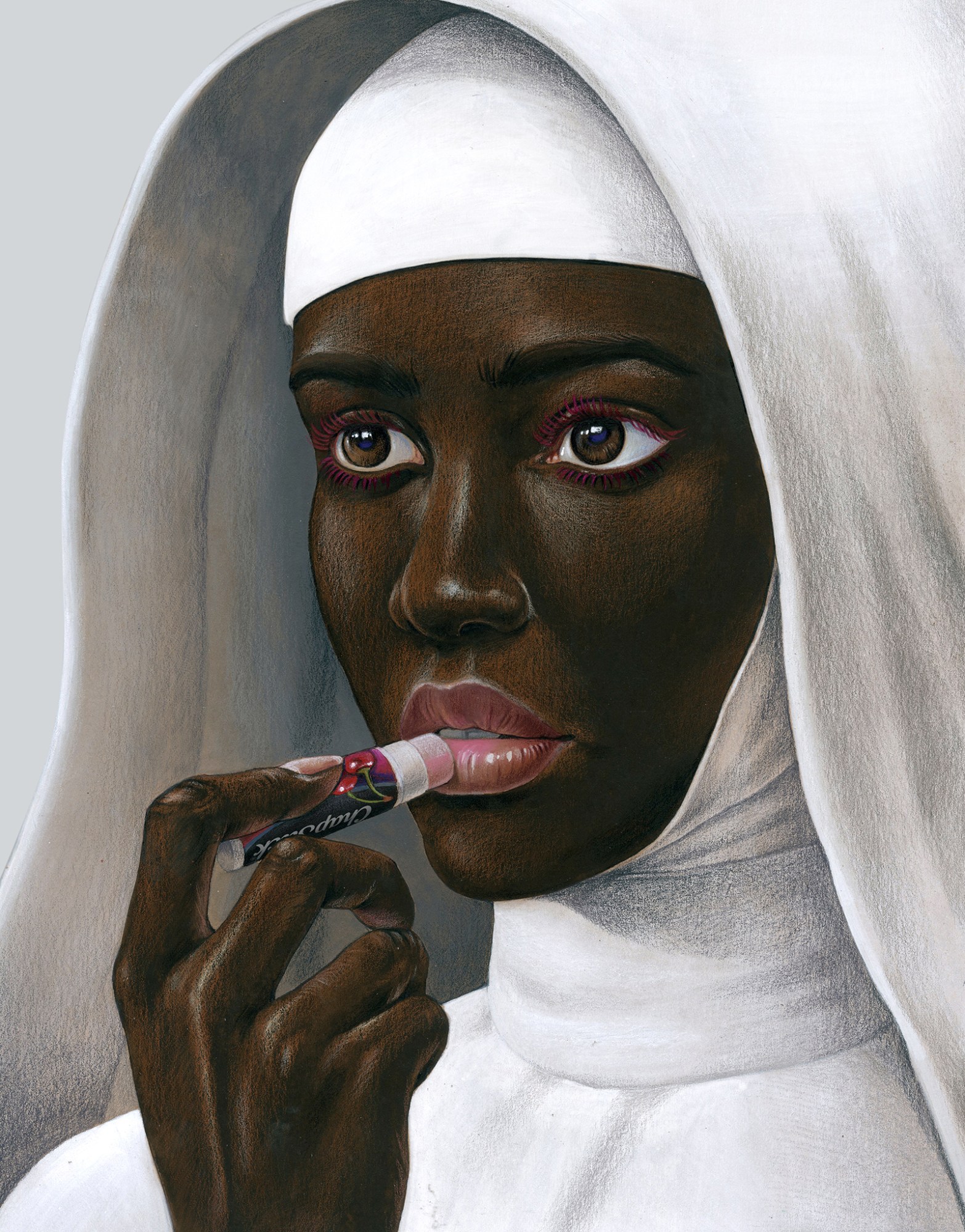 Joyce Lee painting of a nun putting on cherry lip-balm