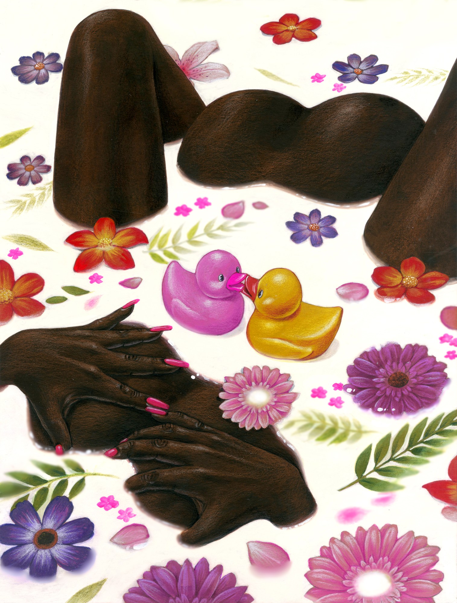 Joyce Lee painting of a woman in a bath covered in flowers and rubber ducks