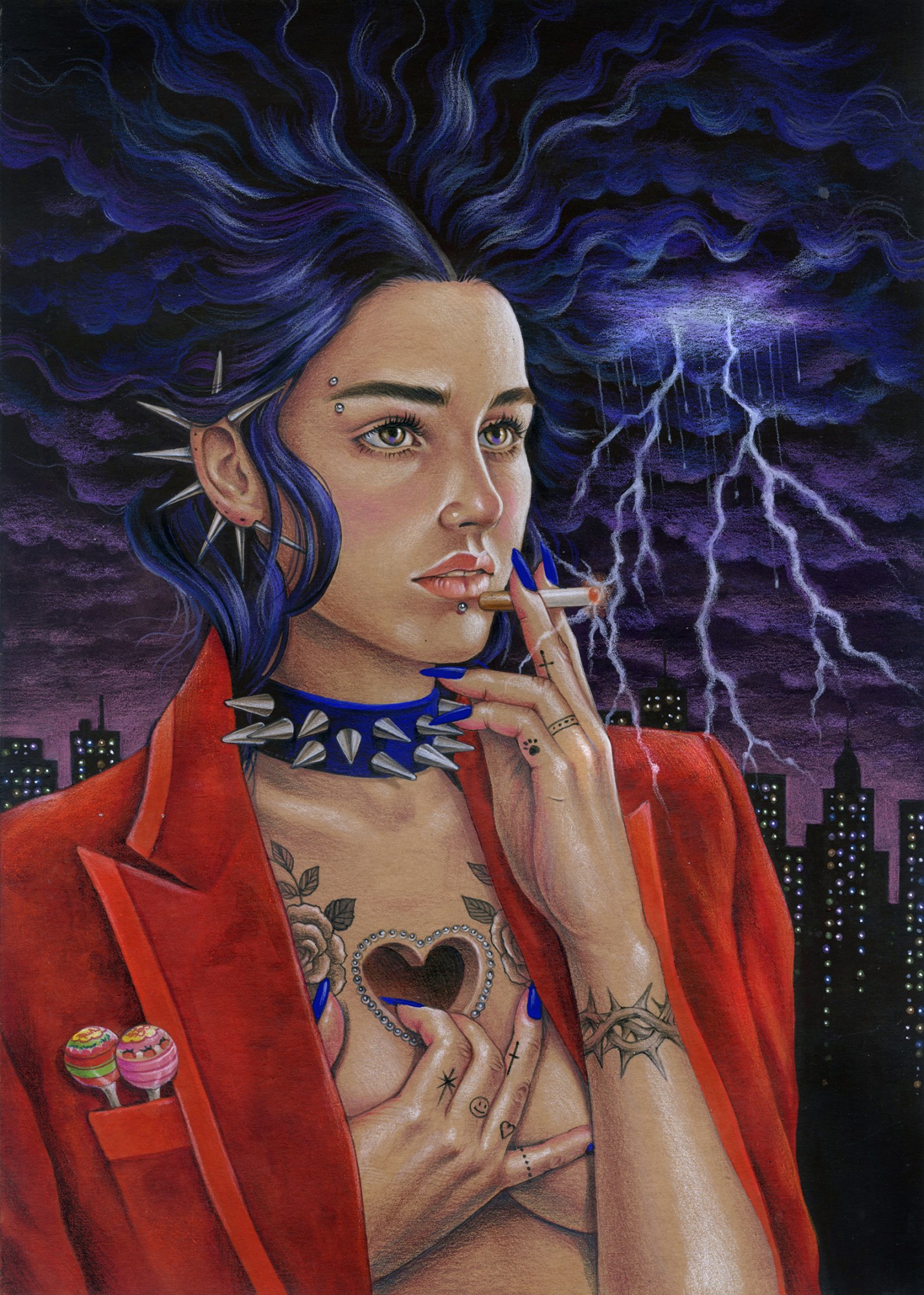 Joyce Lee painting of a woman in a red blazer smoking set against a dark cityscape skyline