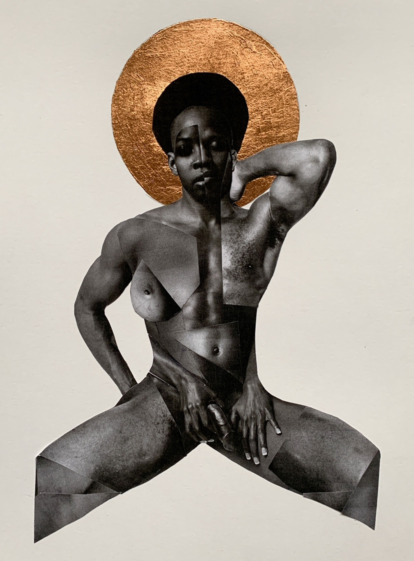 a collaged nude of a black man with a religious halo around his head