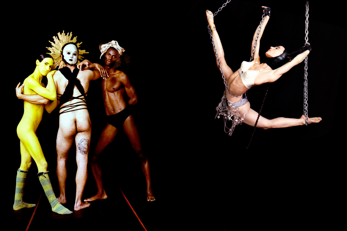 performers hanging from chains and wearing masks