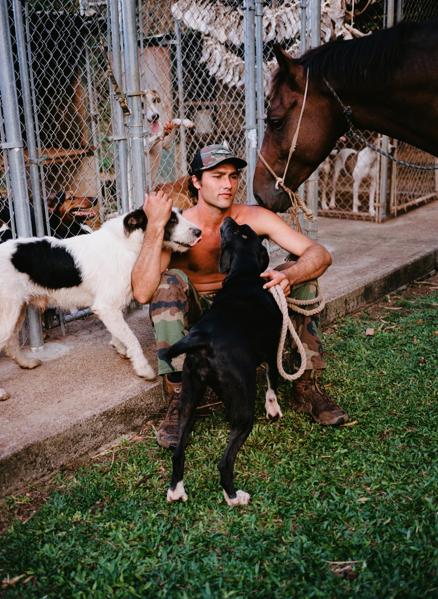 a hawaiian guy in a hat petting two dogs and sitting with a horse