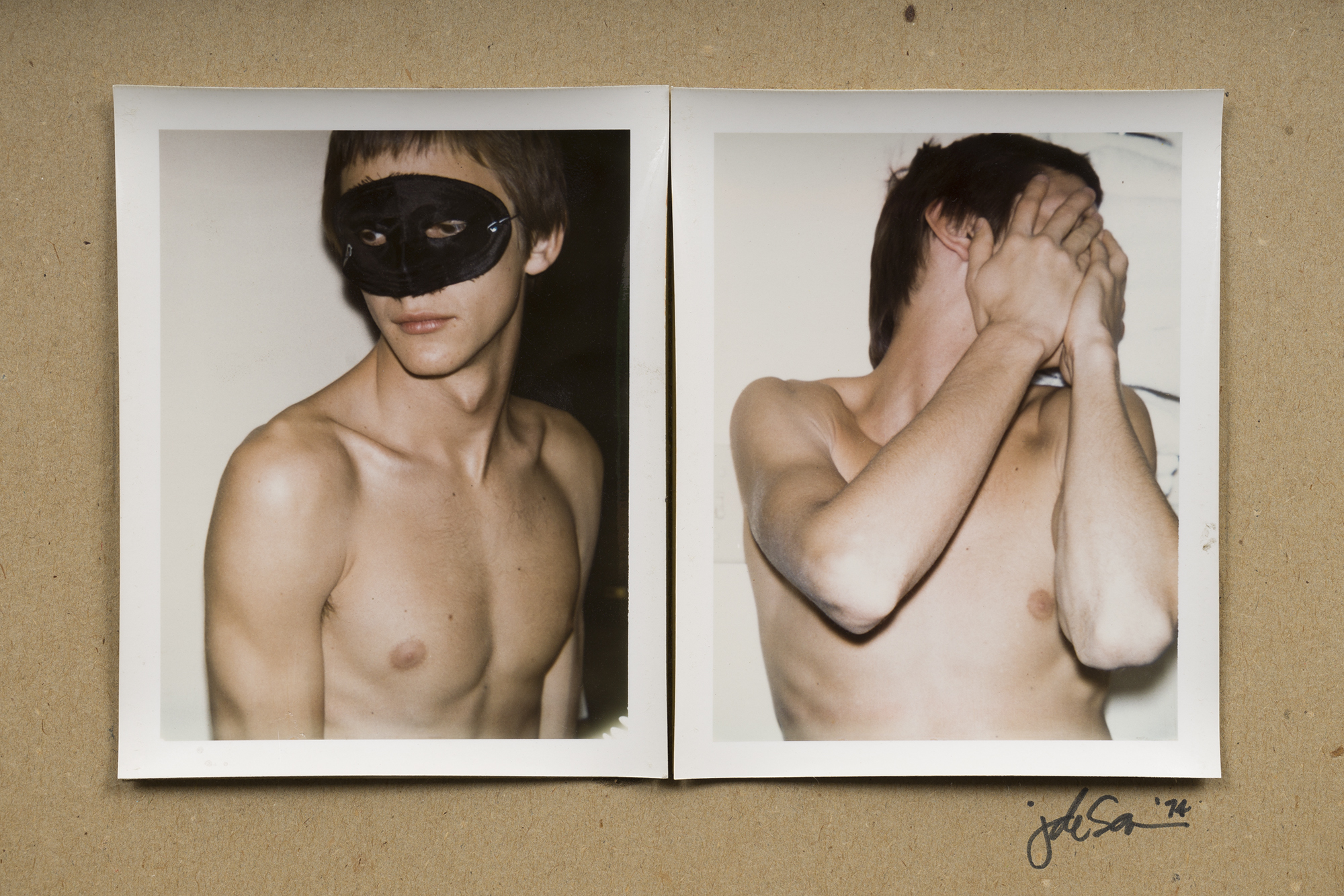 diptych image of a topless man covering his face and wearing a black mask