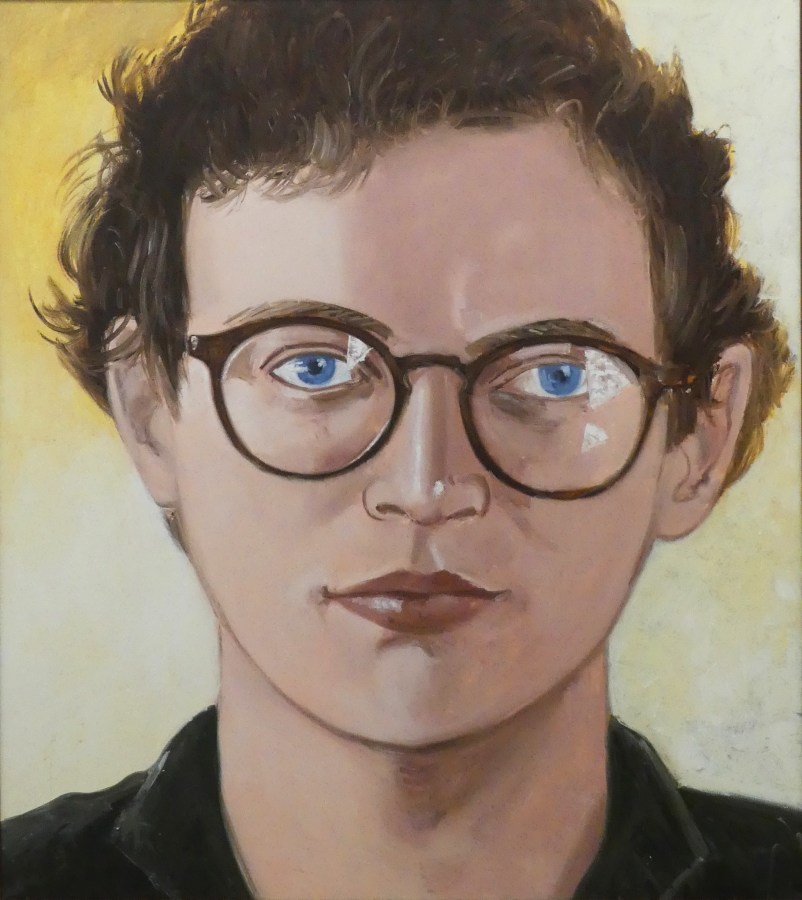 painting of a man in a black shirt with round glasses, brown hair and blue eyes