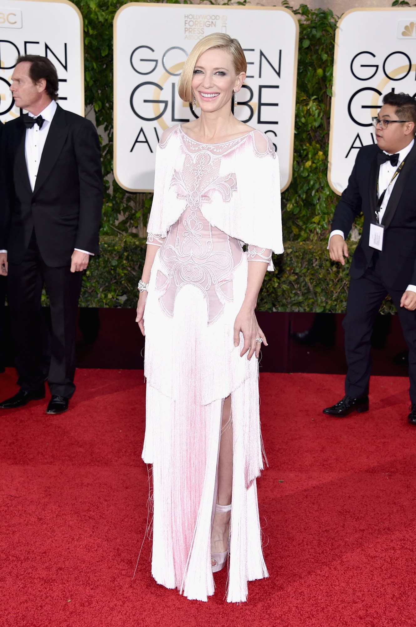 cate blanchett wearing a fringe and lace givenchy dress on the red carpet at the golden globes 2016