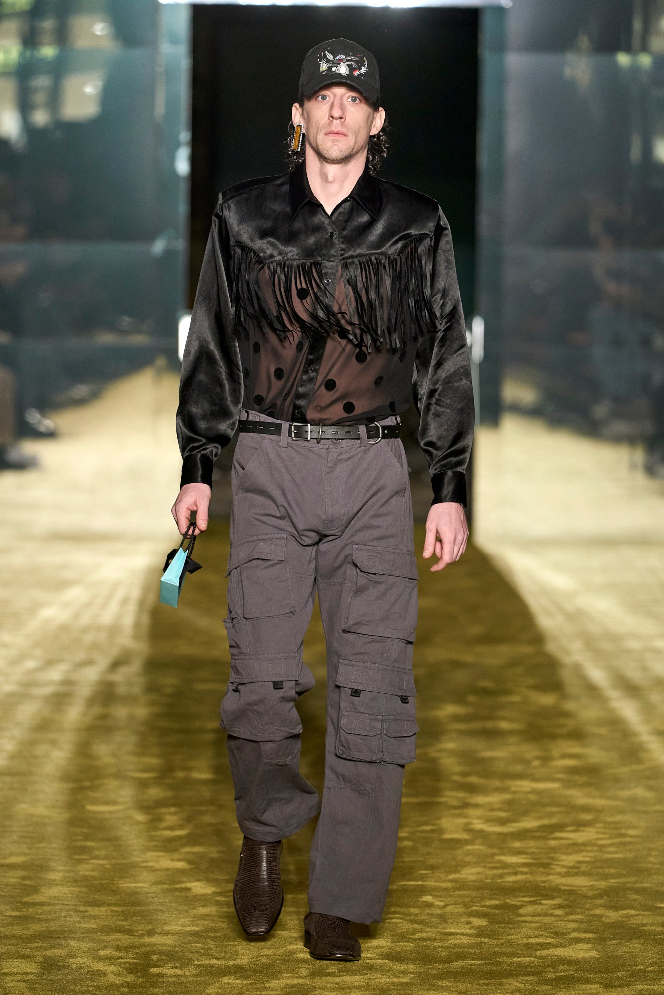 Model walking for Martine Rose AW23 Mens Show at Pitti Uomo