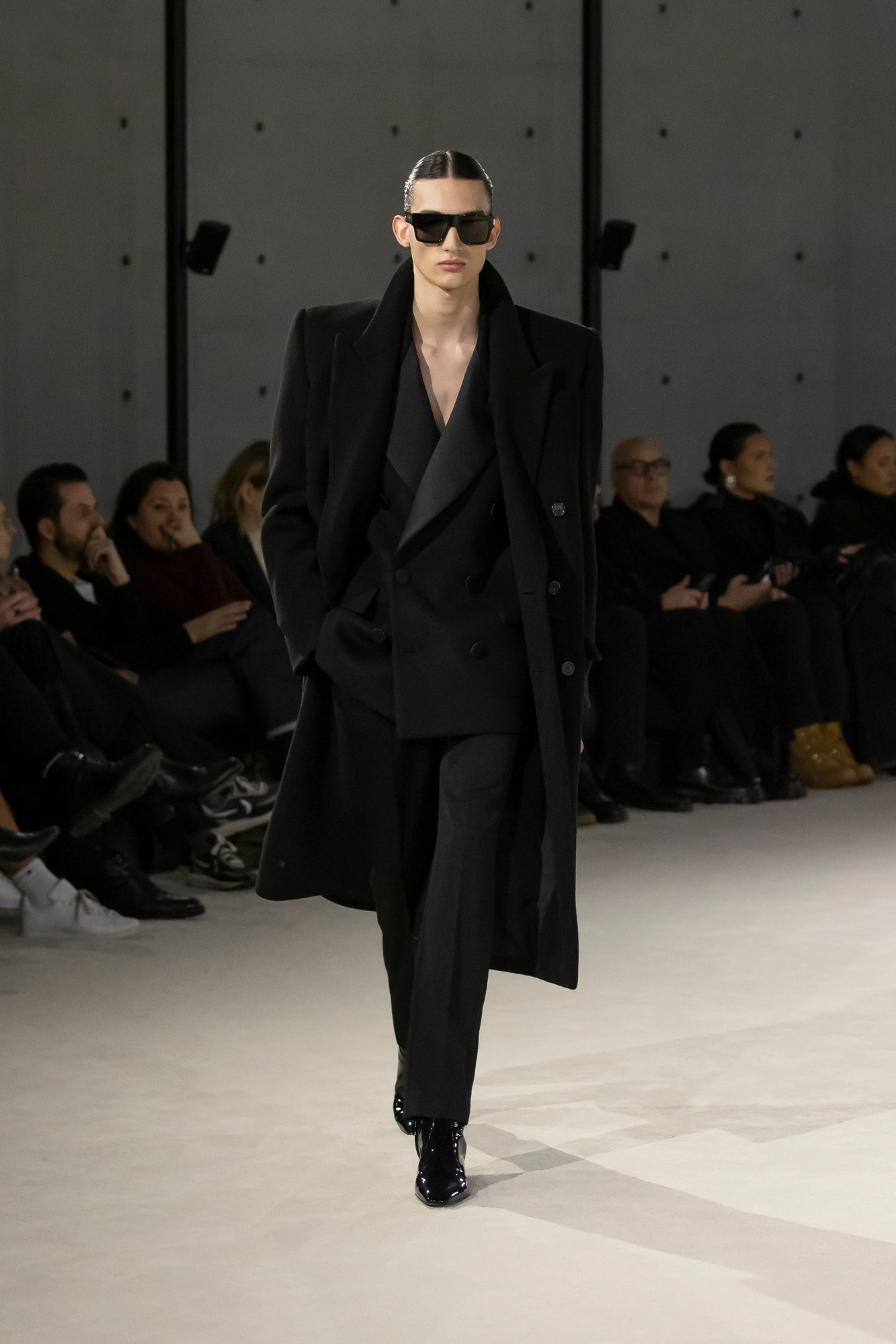 Model walking for Saint Laurent at Paris Fashion Week Men's AW23