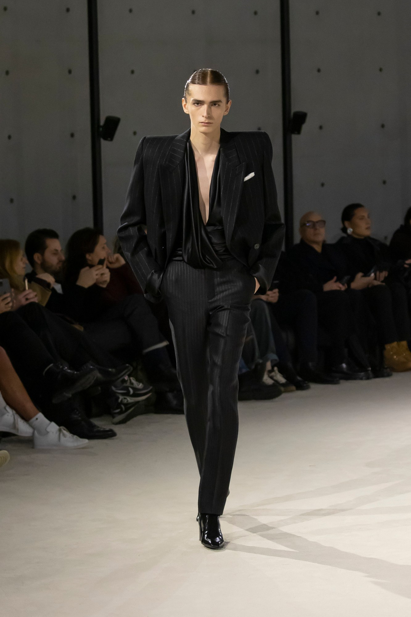 Model walking for Saint Laurent at Paris Fashion Week Men's AW23