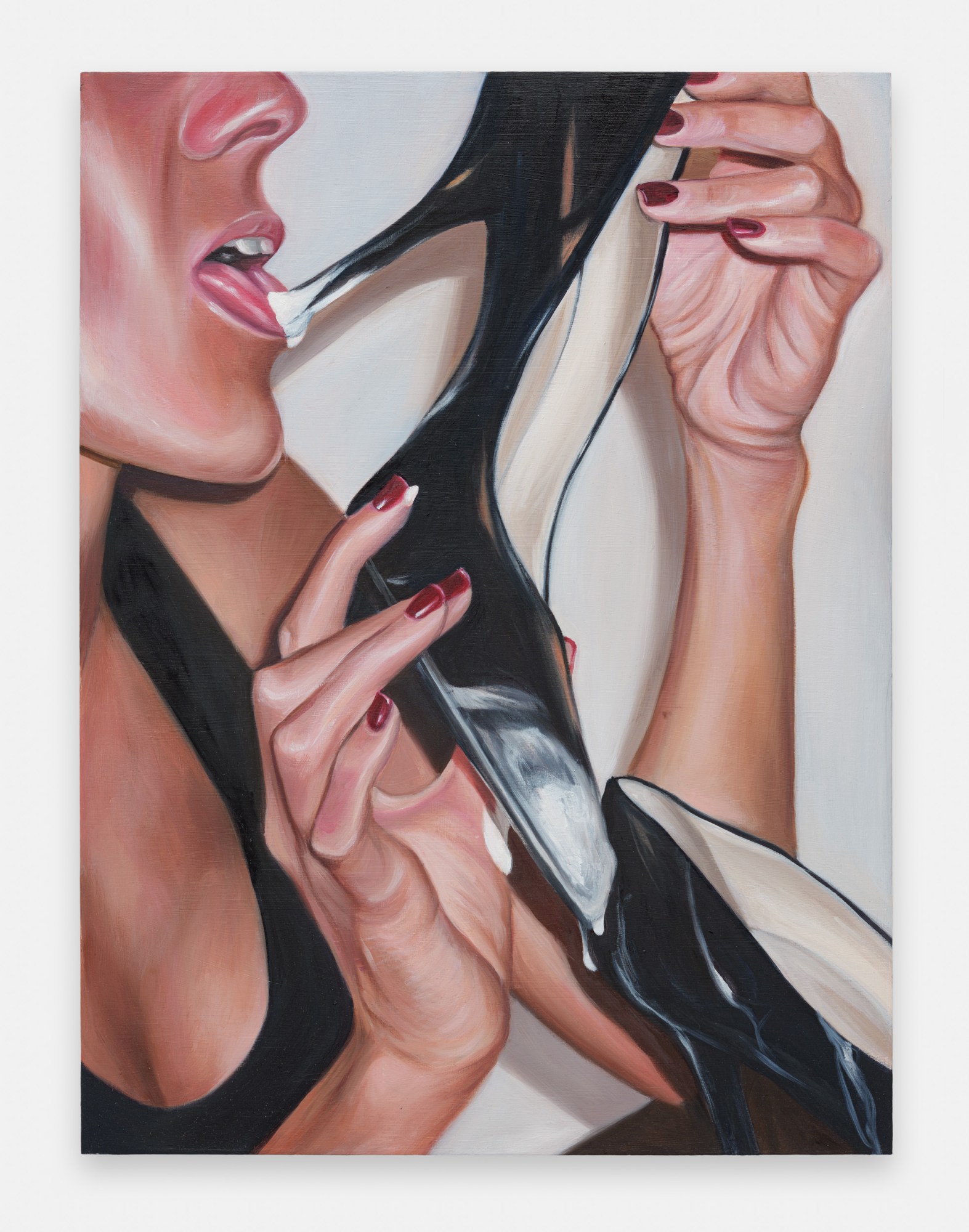 painting of a woman licking white liquid off a pair of black stilettos