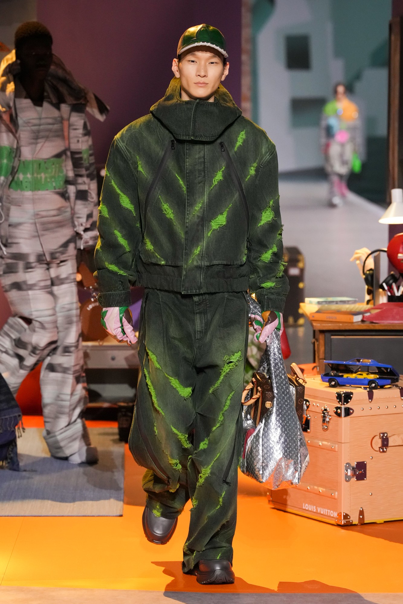 Model walking for Colm Dillane's (KidSuper) guest designed collection for Louis Vuitton at Paris Fashion Week Men's AW23