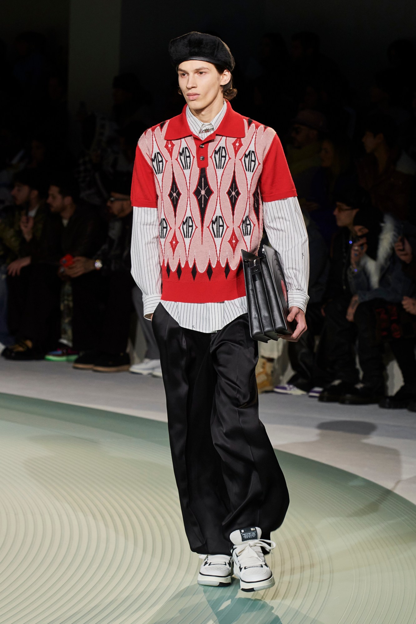 Model wearing Amiri on the runway at Paris Fashion Week Men's AW23