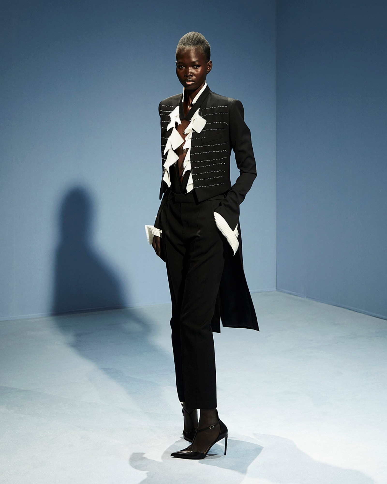 Model walking the Jean Paul Gaultier show guest designed by Haider Ackermann at Haute Couture Week SS23