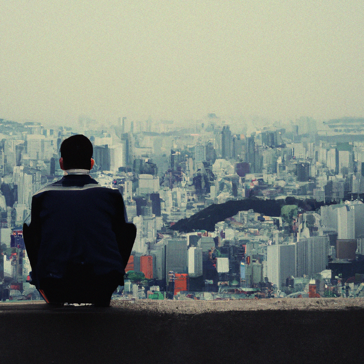 a man squats on a wall overlooking a huge cityscape