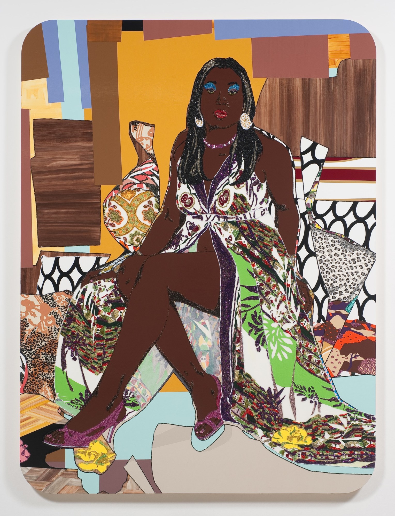 A multi-media portrait by Mickalene Thomas of a Black woman wearing a tunic, purple shoes, and blue eye shadow